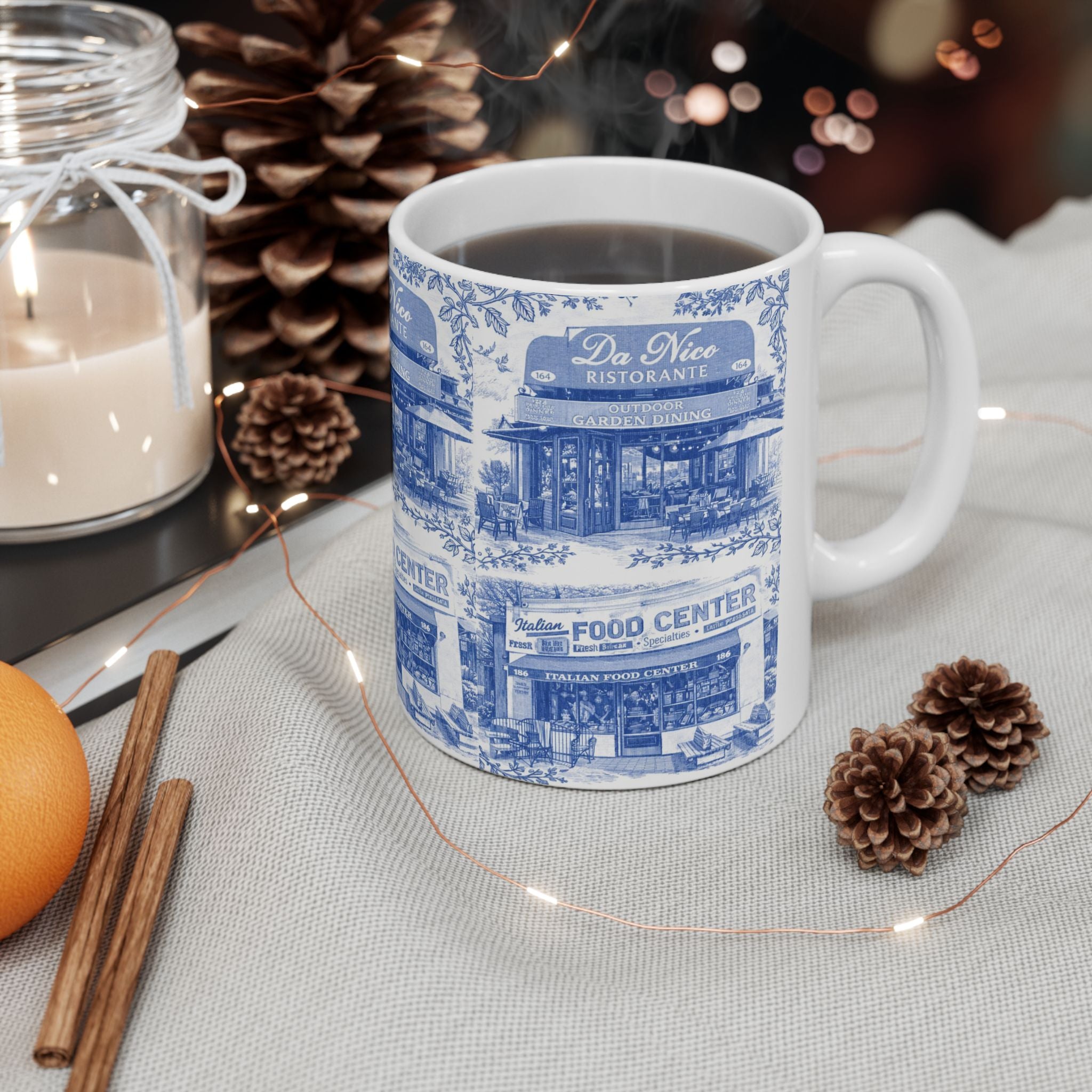 Little Italy Blue and White Toile Cityscape Mug | NYC Chinoiserie Ceramic Coffee Cup