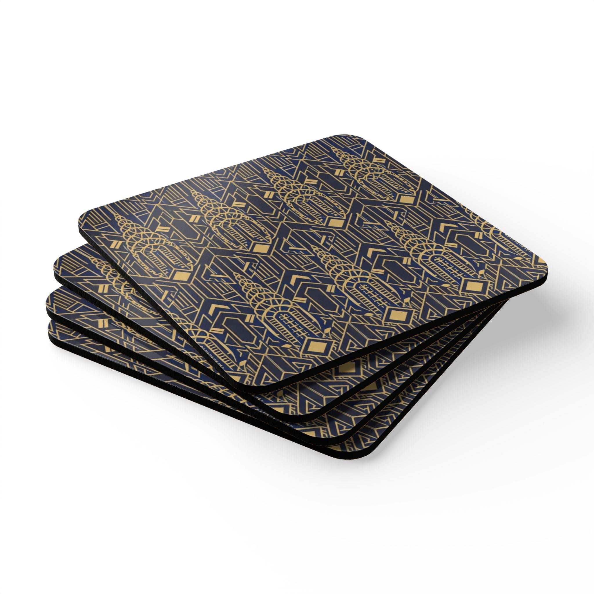 Art Deco Chrysler Building Gold & Navy Cork Coaster Set — Geometric Vintage Cocktail Coasters Set of 4
