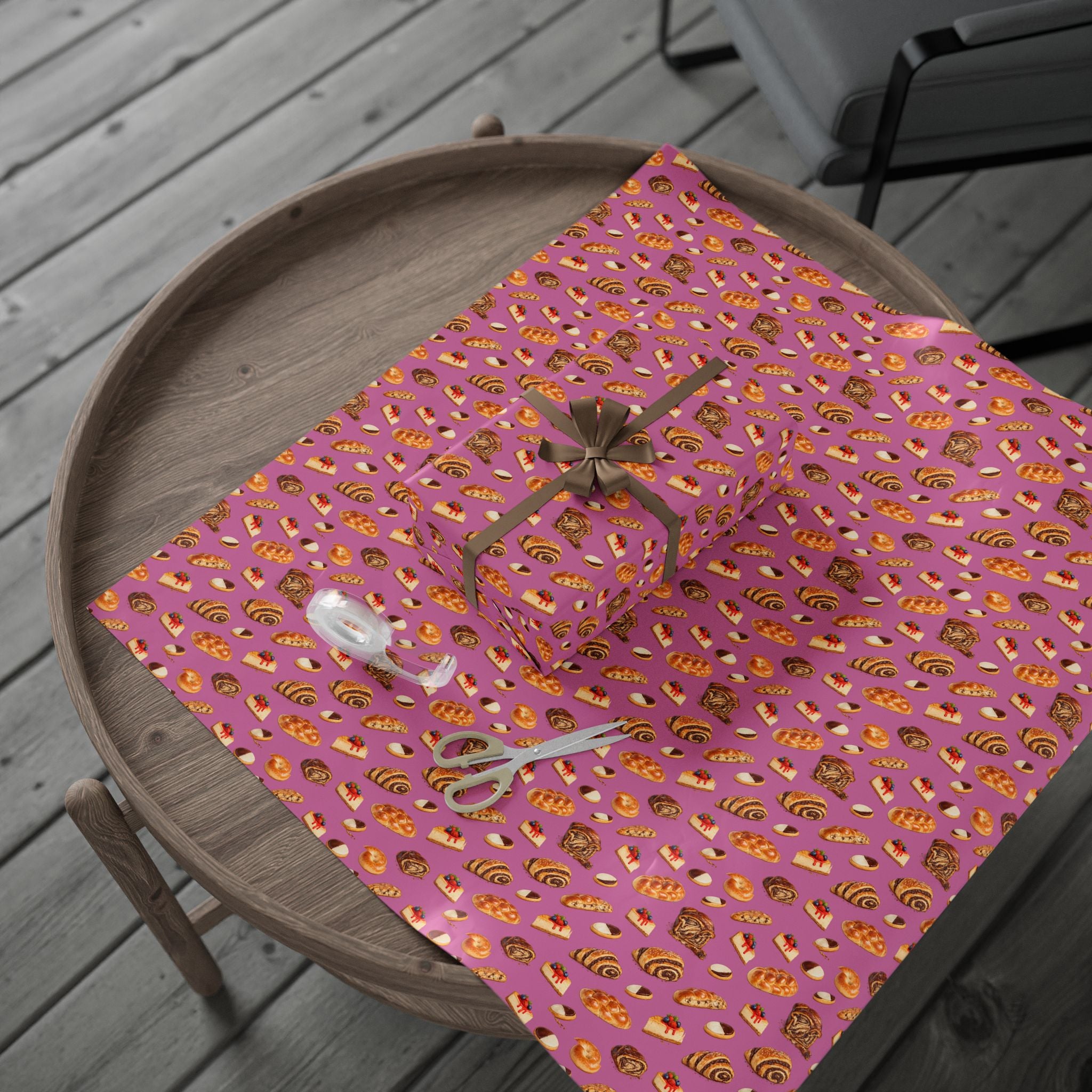 Kosher Bakery Pastries Pattern Pink Gift Wrap Paper | Bagels Challah Cheesecake Roll Gift Wrapping Paper