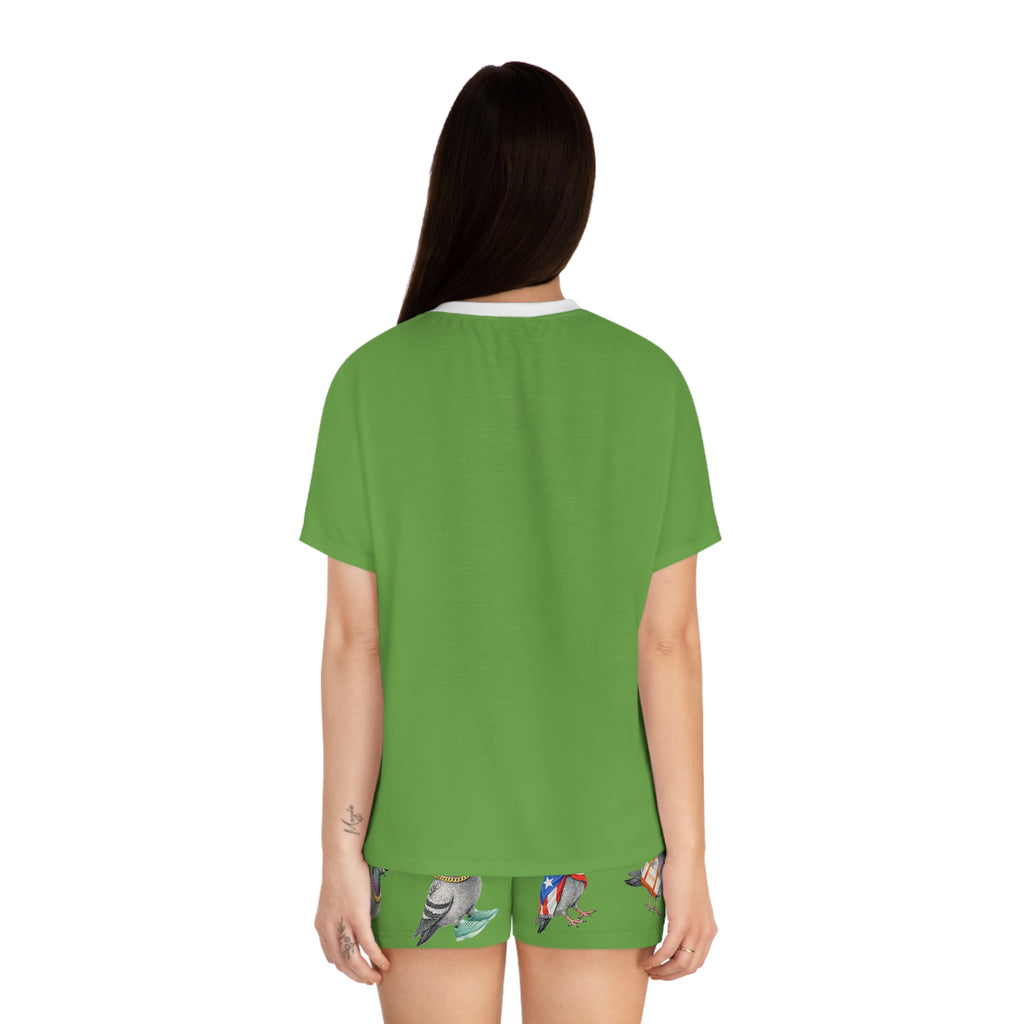 Green NYC Pigeon Pattern Short Pajama Set | New York City Bird Lovers PJs Cozy Sleepwear