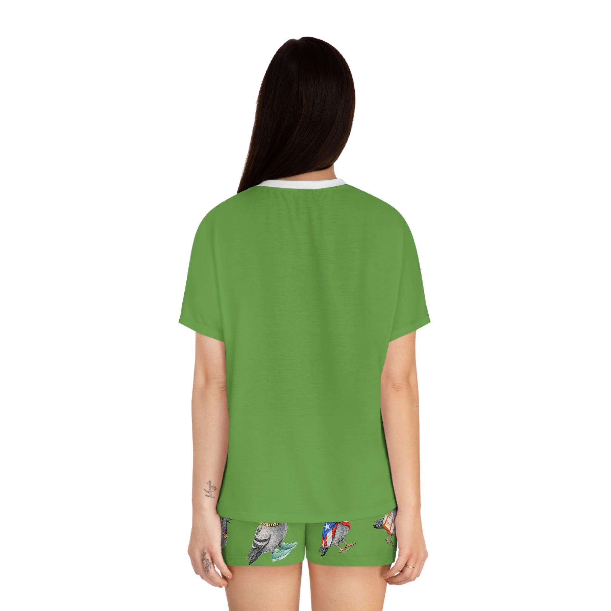 Green NYC Pigeon Pattern Short Pajama Set | New York City Bird Lovers PJs Cozy Sleepwear