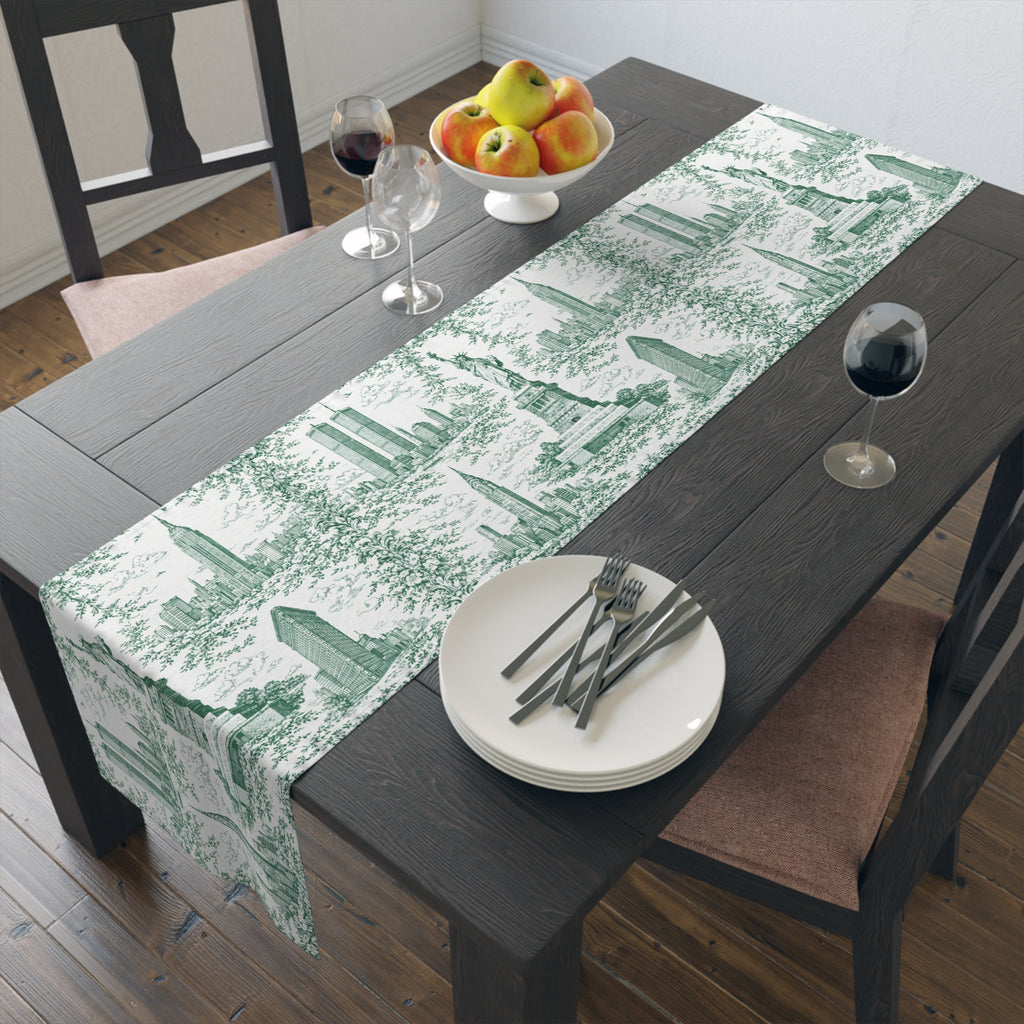 Green Toile de Jouy New York City Cityscape Table Runner — Scenic NYC Chinoiserie Skyline Dining Table Decor