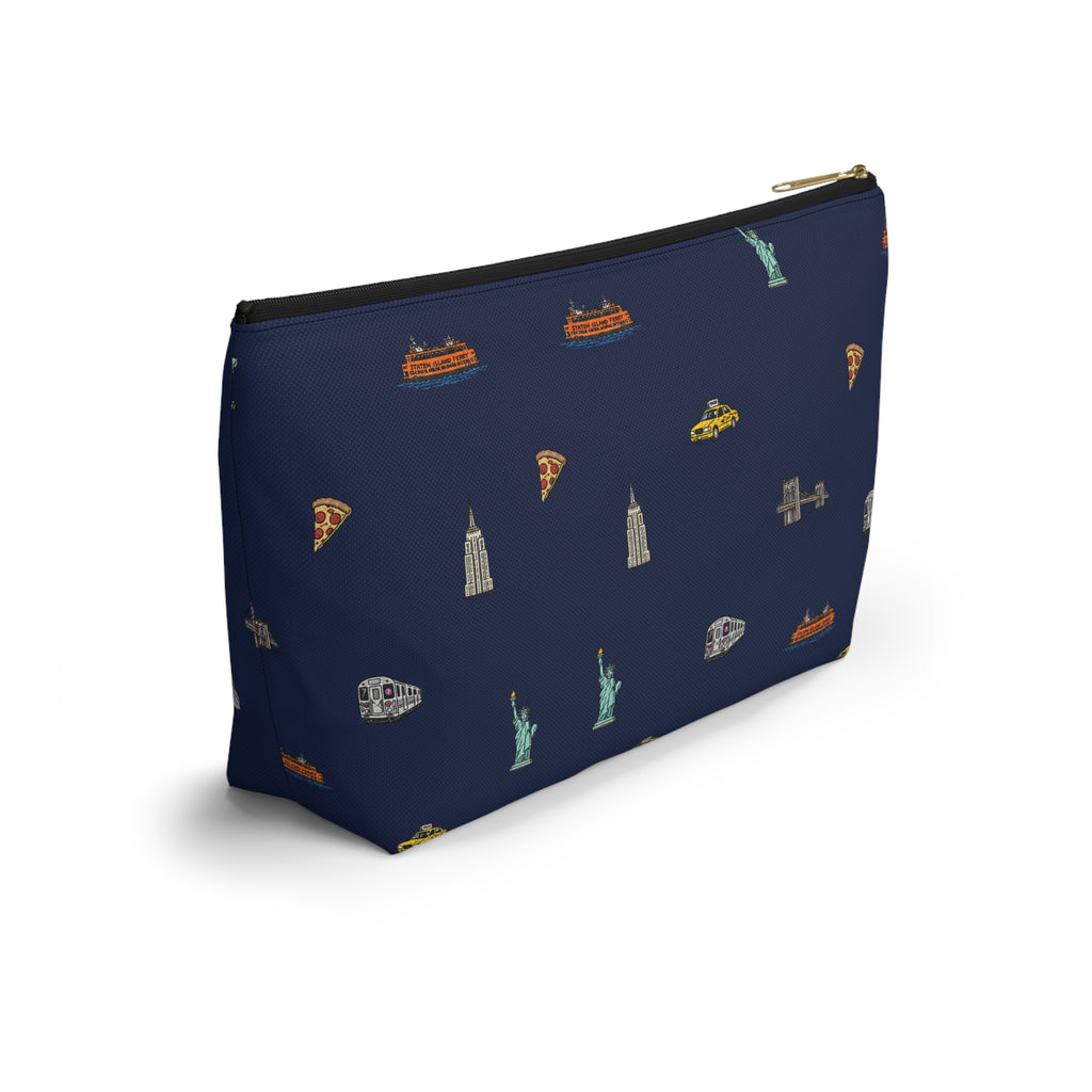 Icons of New York City Large Navy Blue Accessory Pouch — T-Bottom Makeup Bag with Statue of Liberty, Taxi & Pizza Pattern