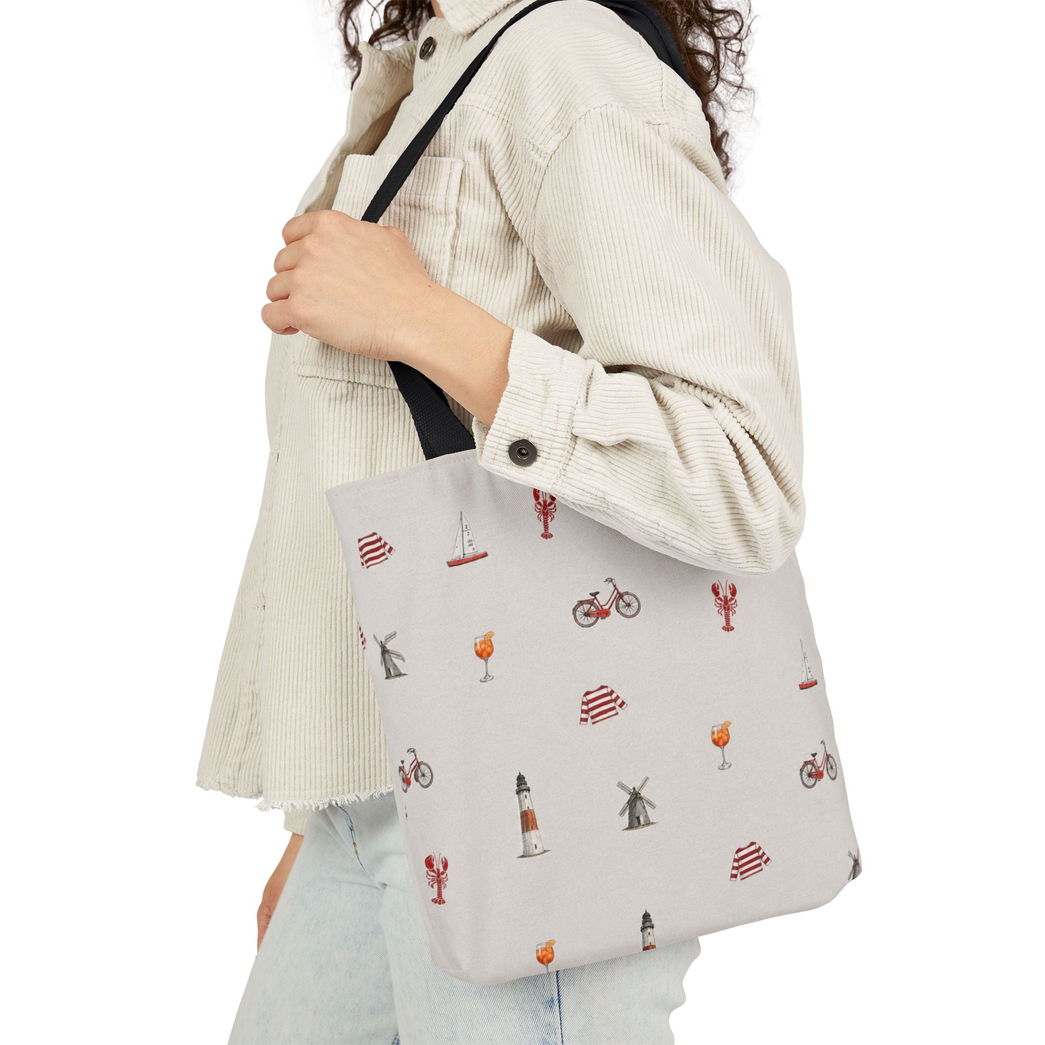 Icons of the Hamptons Heather Gray Canvas Tote — Lighthouse, Windmill, Lobster, Sailboat Icons