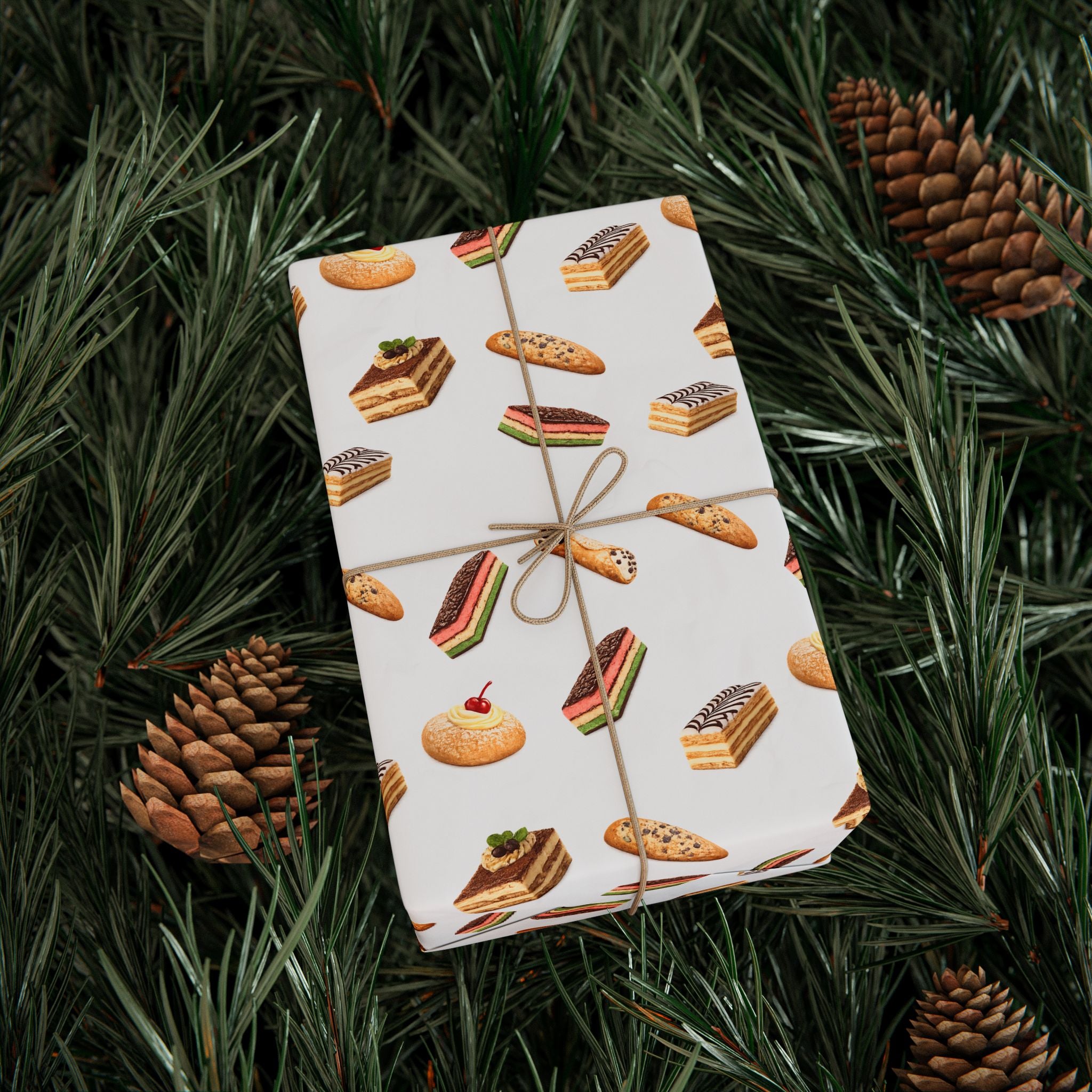Italian Bakery Pastry Pattern Gift Wrap Paper | White Bakery Pastries Biscotti Tiramisu Rainbow Cookies Wrapping Paper Roll