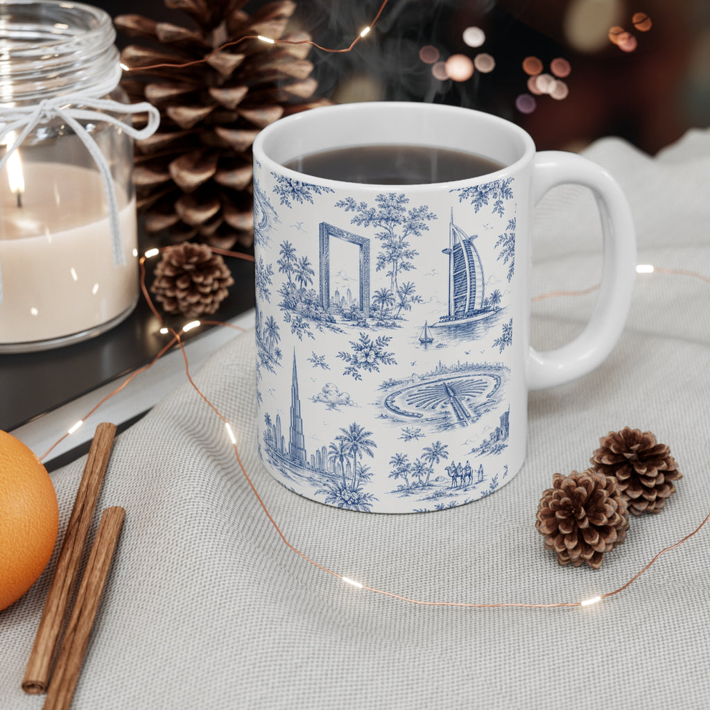 Dubai Blue Toile de Jouy Ceramic Mug -  Coffee Cup (11oz; Ships from Europe)