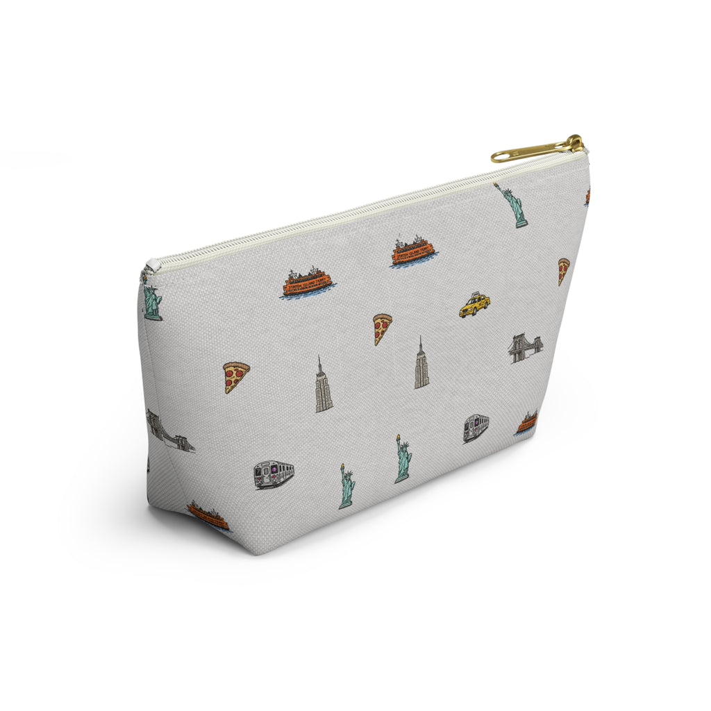 Icons of New York City Heather Gray Accessory Pouch — T-Bottom Makeup Bag with Statue of Liberty, Taxi & Pizza Pattern