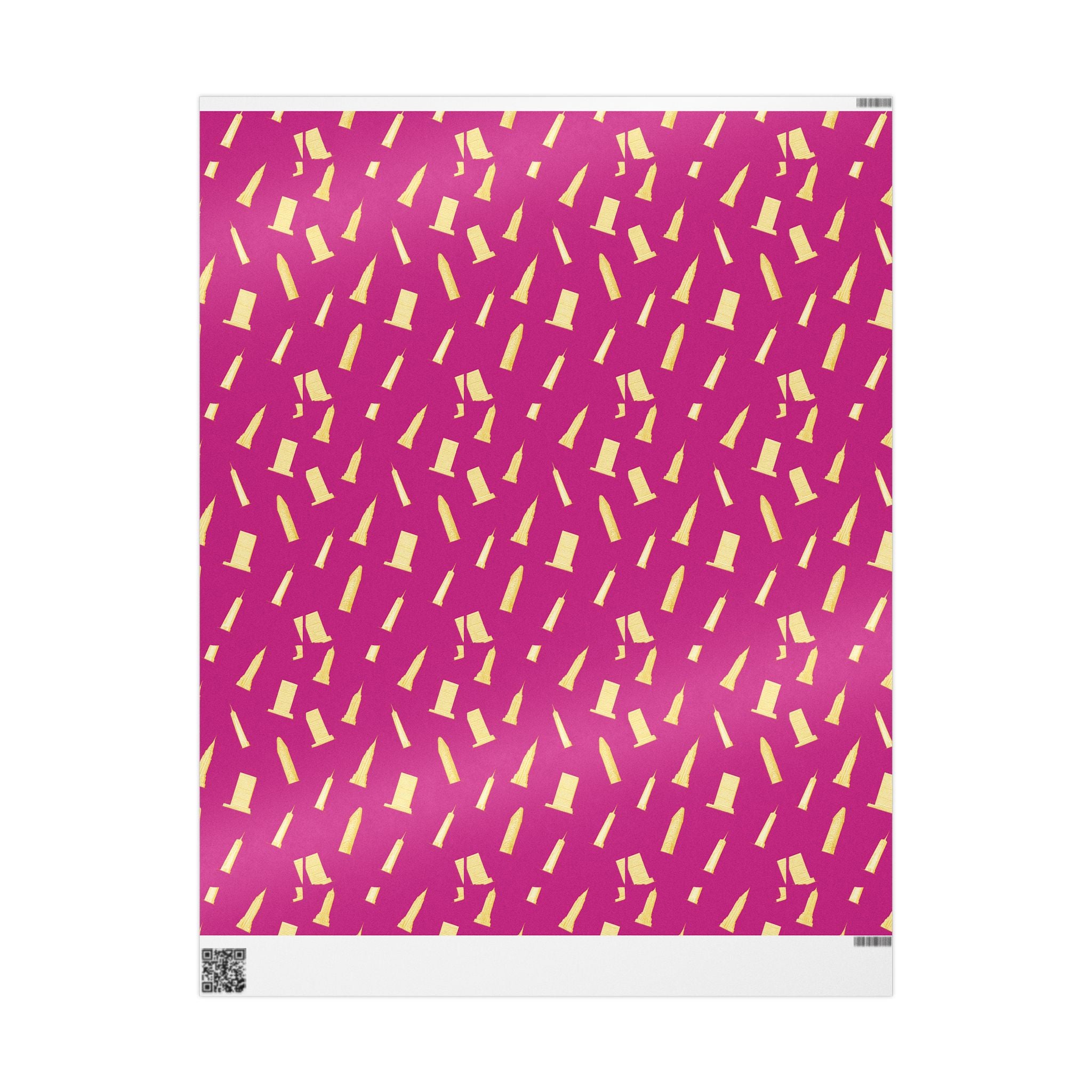NYC Architecture Gold on Pink Pattern Gift Wrap Paper | Iconic New York Buildings Empire State Chrysler Flatiron Wrapping Paper