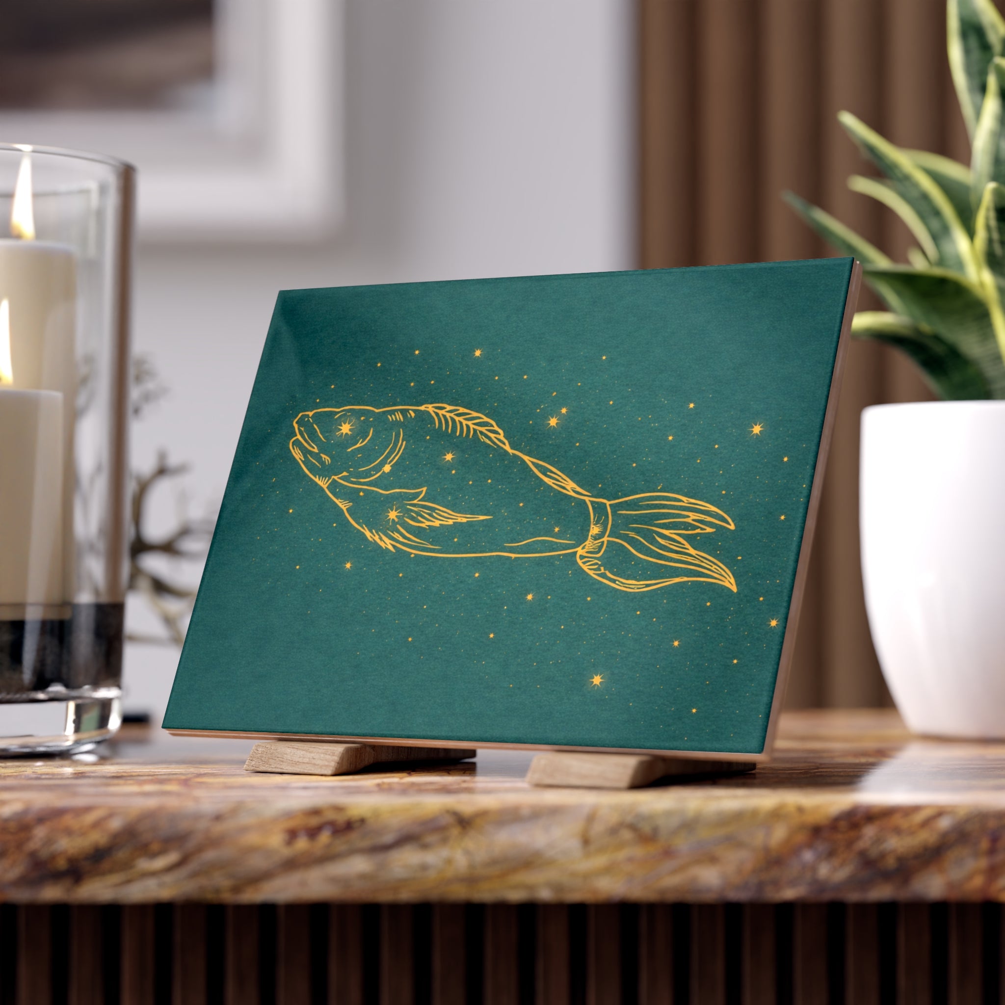 Grand Central Station-inspired Gold Pisces Zodiac Fish on Teal Ceramic Bath Tile (Astrology Home Décor) 6" x 8"