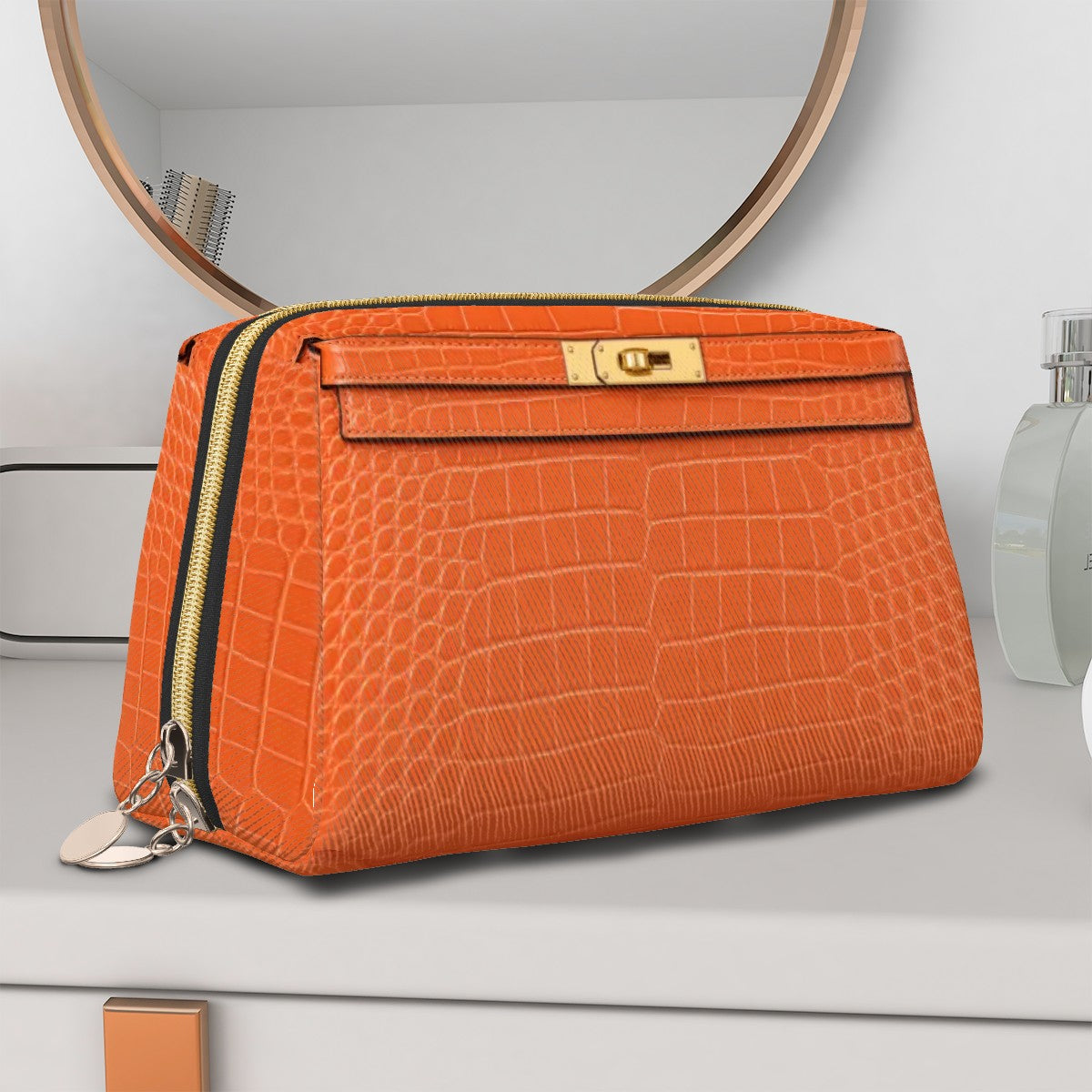Canal Street Orange Croc PVC Leather Makeup Bag