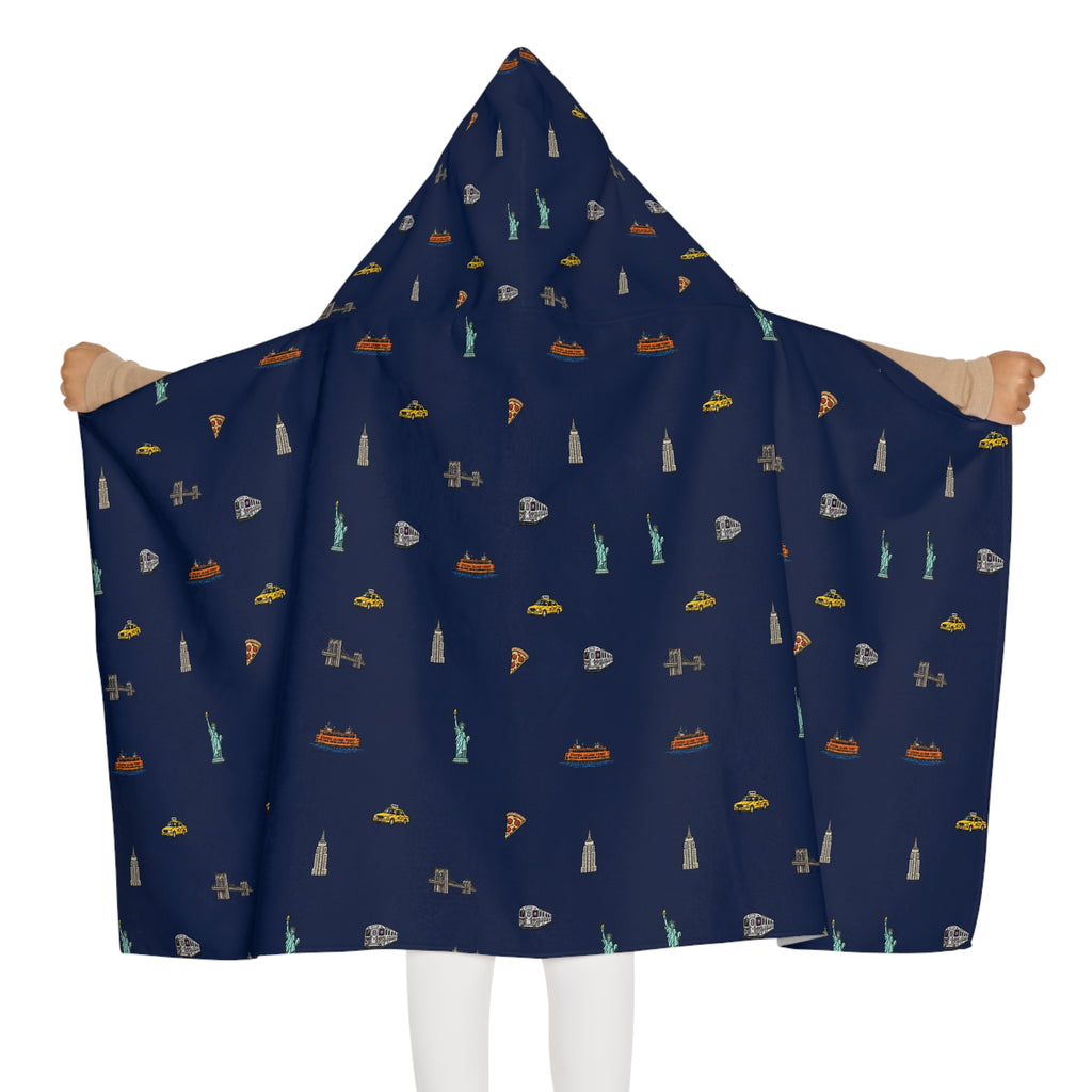 Icons of New York City Navy Blue Hooded Kids Towel — Statue of Liberty, Pizza & Skyline Childrens Towel