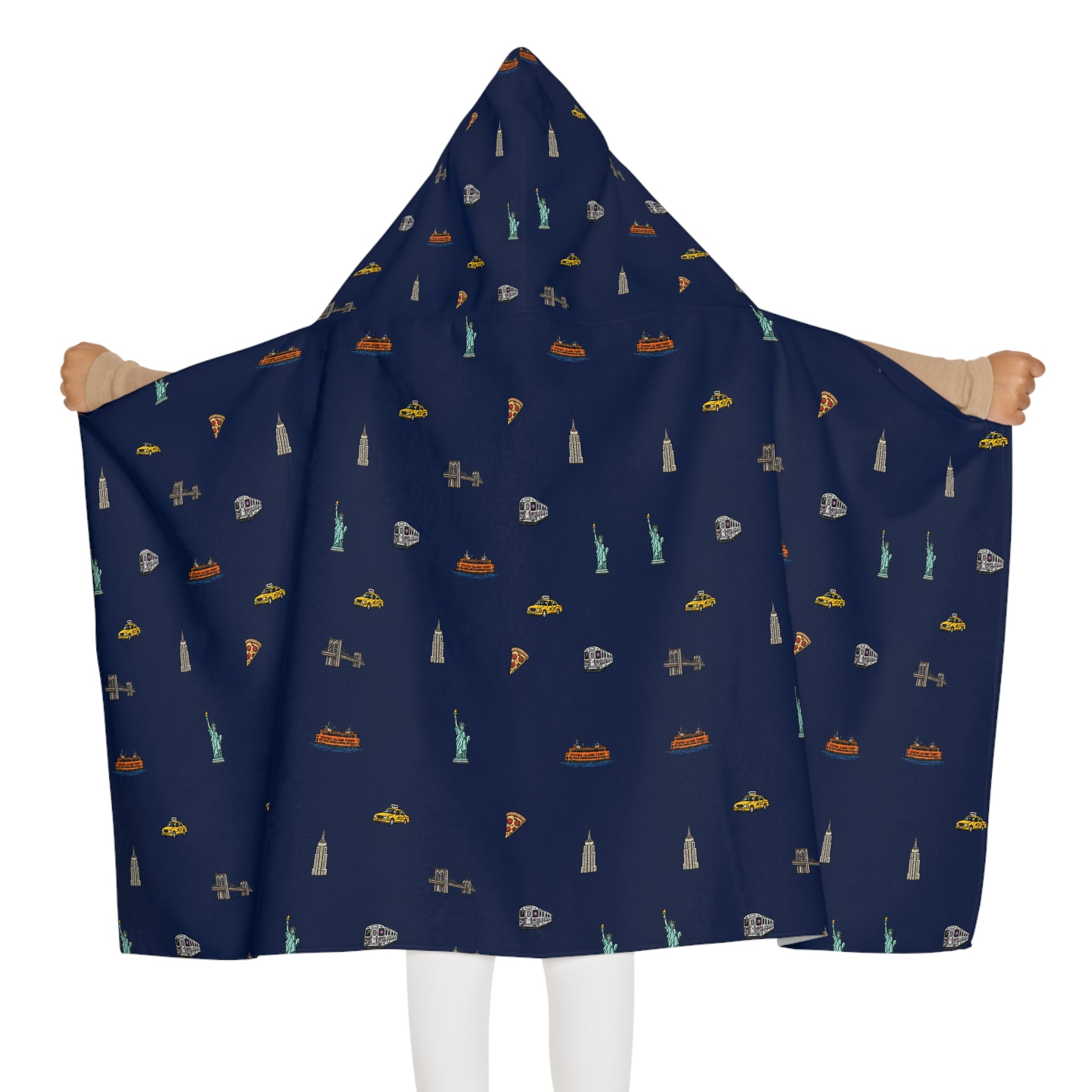 Icons of New York City Navy Blue Hooded Kids Towel — Statue of Liberty, Pizza & Skyline Childrens Towel