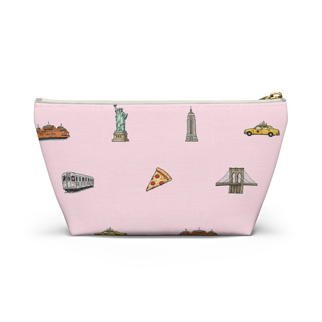 Icons of New York City Pink  Accessory Pouch — T-Bottom Makeup Bag with Statue of Liberty, Taxi & Pizza Pattern