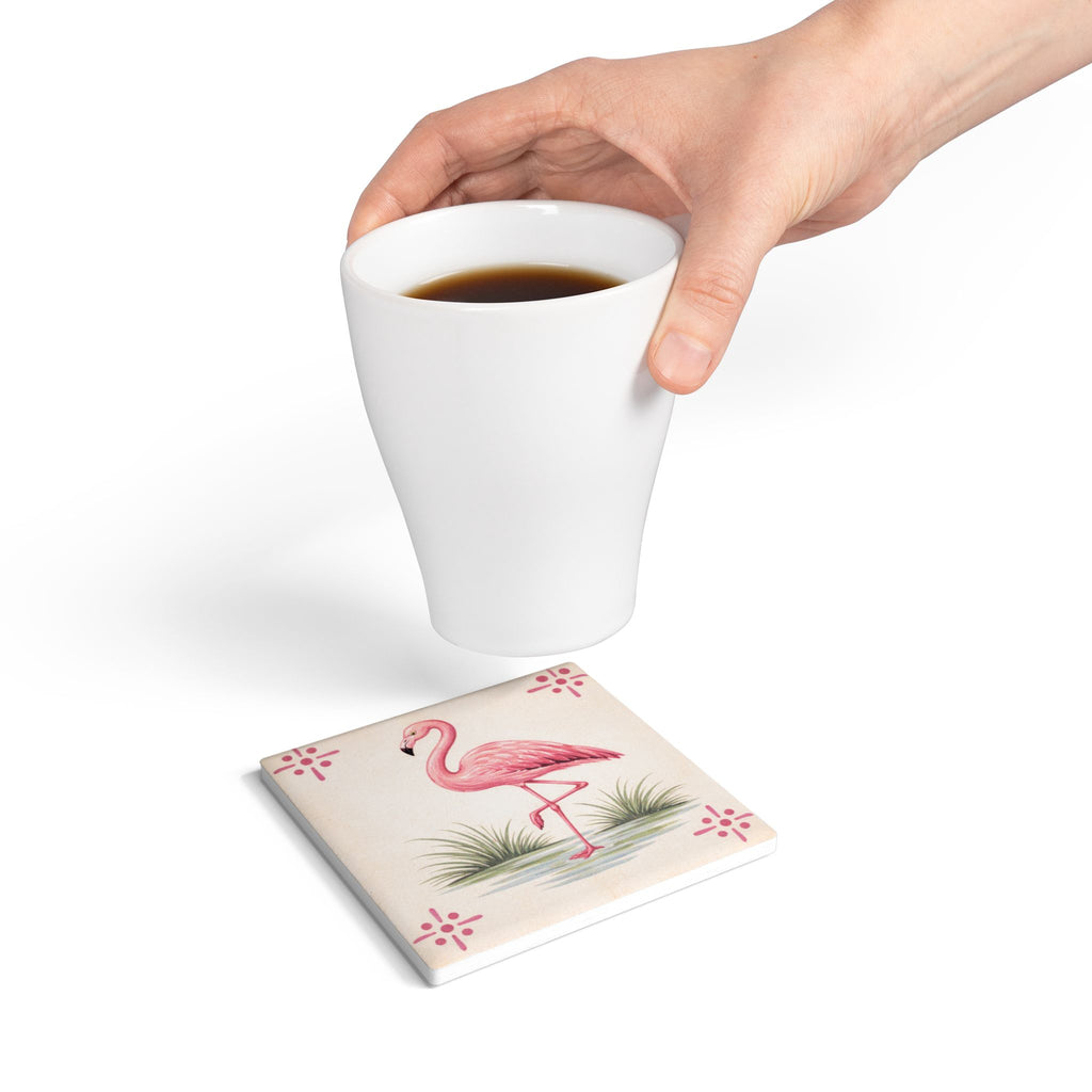 Bronx Zoo Pink Flamingo Ceramic Coaster – Coastal Azulejos-style Tile Drink Coaster