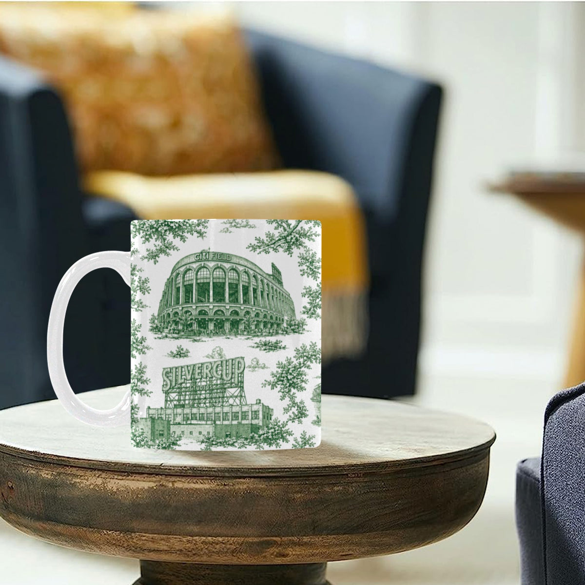 Queens Green Toile de Jouy Mug | New York City Chinoiserie Ceramic Coffee Cup Custom White Mug (11oz)