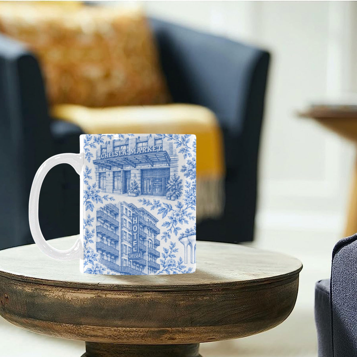 Chelsea Blue Toile De Jouy Mug | Manhattan Chinoiserie Coffee Cup Custom White Mug (11oz)