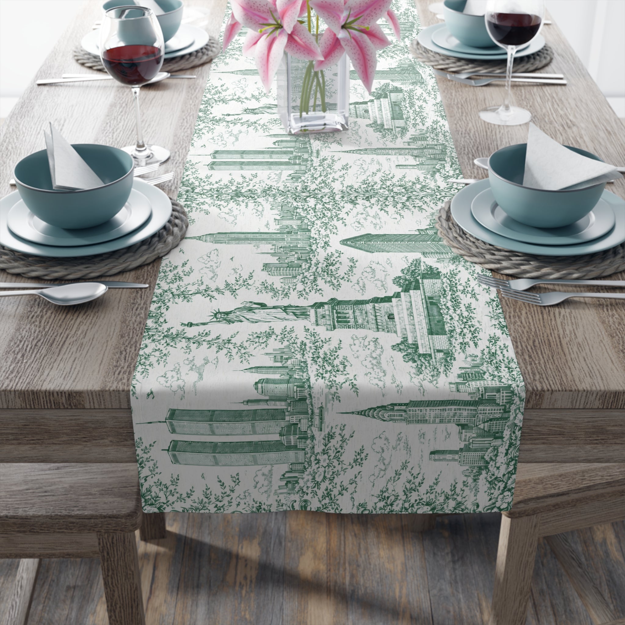 Green Toile de Jouy New York City Cityscape Table Runner — Scenic NYC Chinoiserie Skyline Dining Table Decor