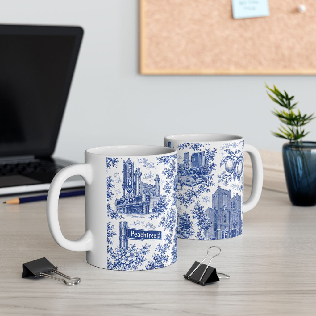 Atlanta Blue Toile de Jouy Ceramic Mug — Atlanta, Georgia Skyline & Capitol Illustration (11oz)