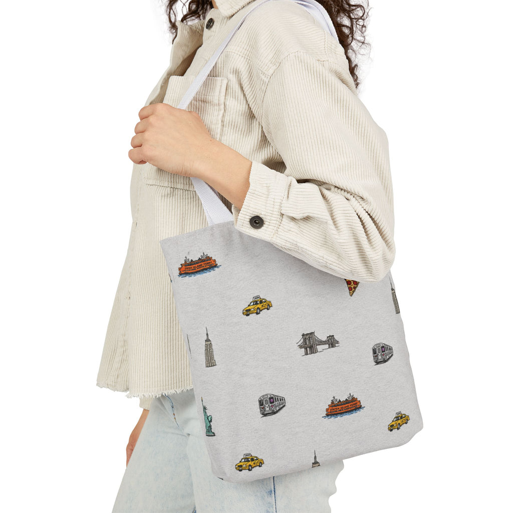 Icons of New York Heather Gray Canvas Tote — Statue of Liberty, Pizza & Taxi Pattern