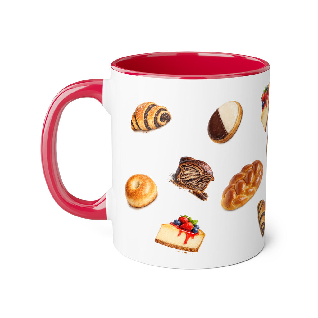 NYC Kosher Bakery Pattern Mug | Babka Cheesecake Rugelach Black + White Cookie Challah Bagel 11oz Ceramic Coffee Cup