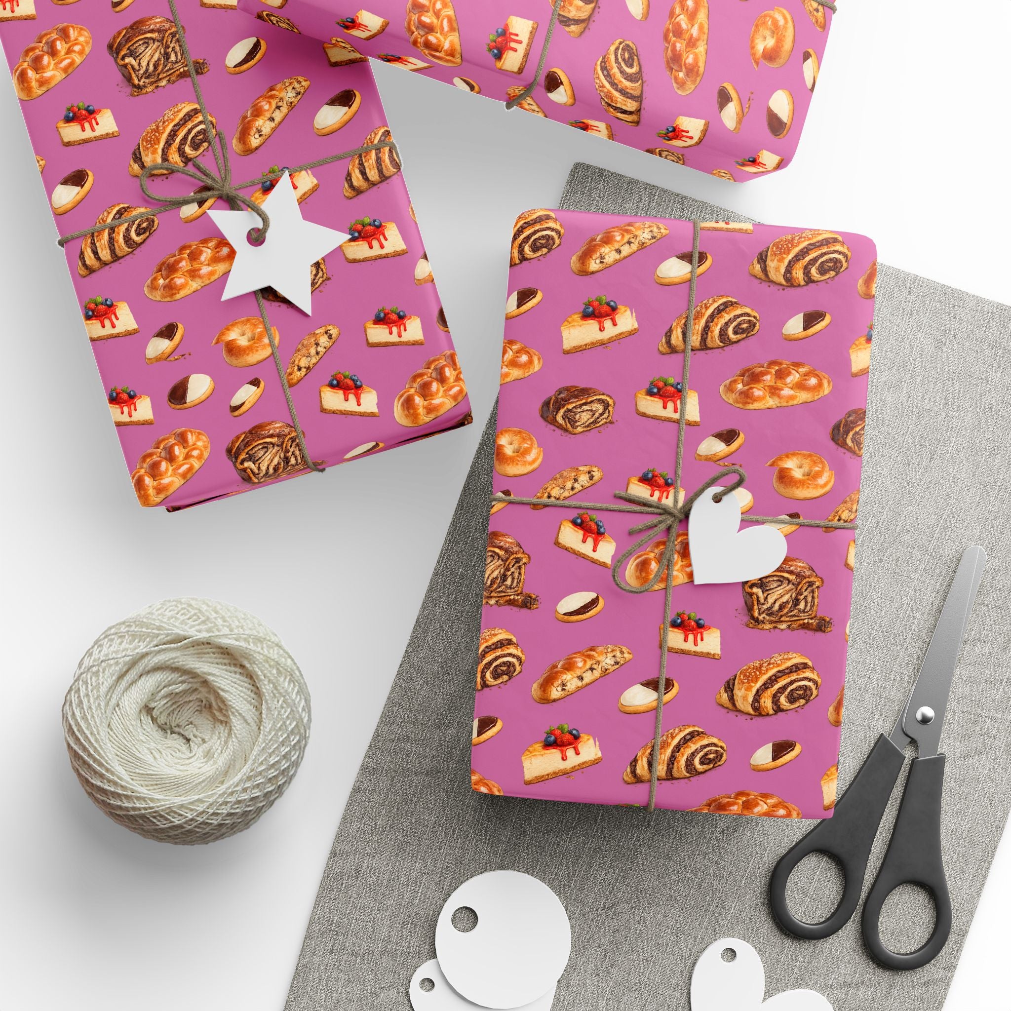 Kosher Bakery Pastries Pattern Pink Gift Wrap Paper | Bagels Challah Cheesecake Roll Gift Wrapping Paper
