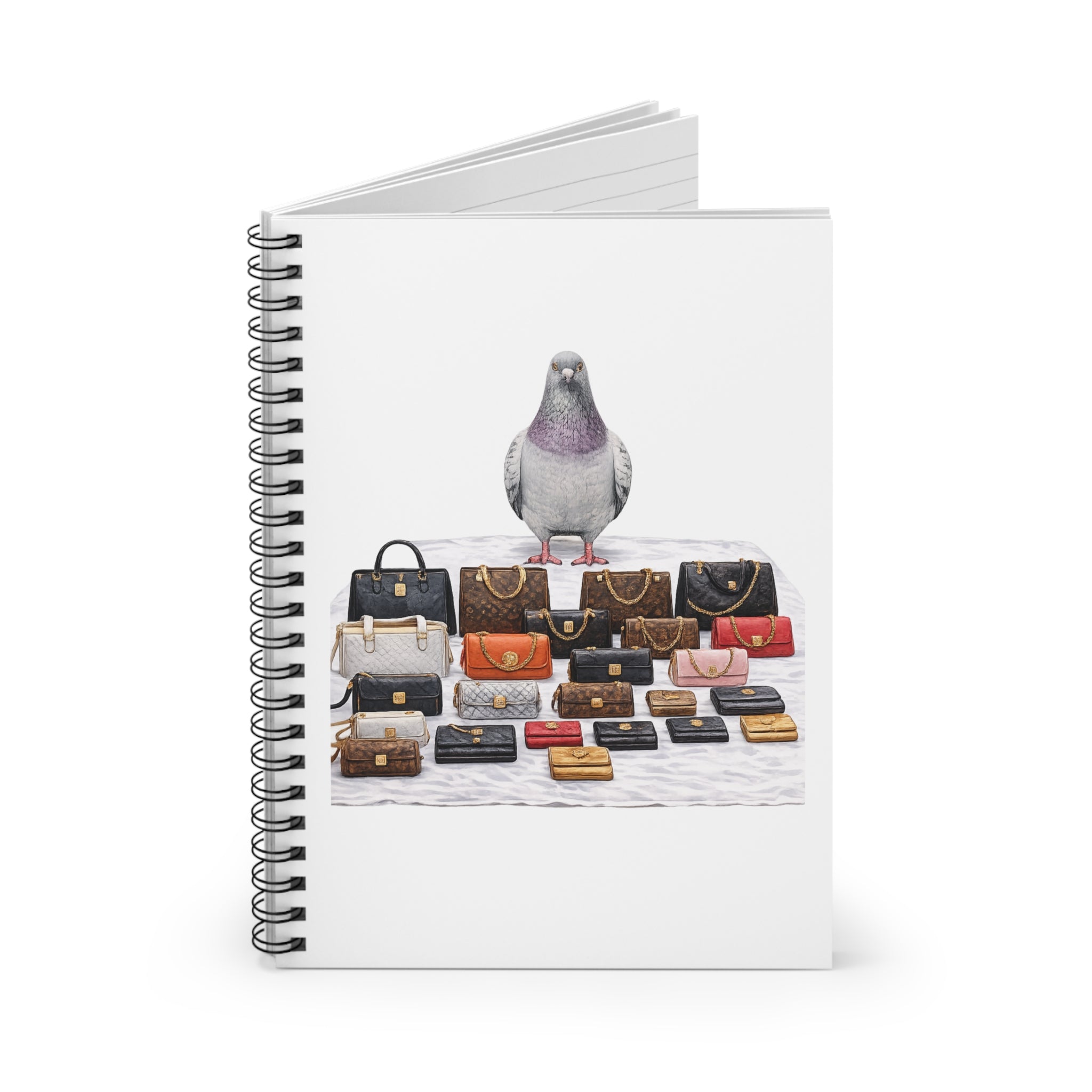 Customizable Canal Street Pigeon Spiral Journal |  Bootleg Luxury Handbags Bird Lovers Notebook