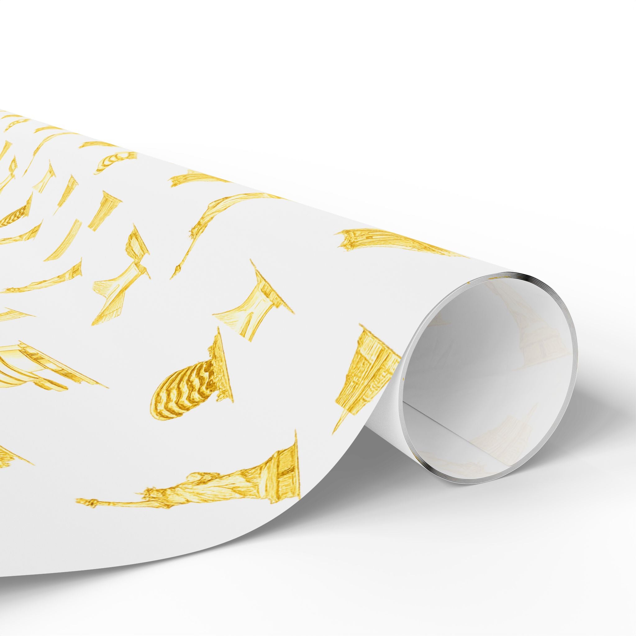 Gold NYC Landmarks on White Gift Wrap Paper | New York Statue of Liberty Oculus Vessel Brooklyn Bridge Guggenheim Wrapping Paper Roll