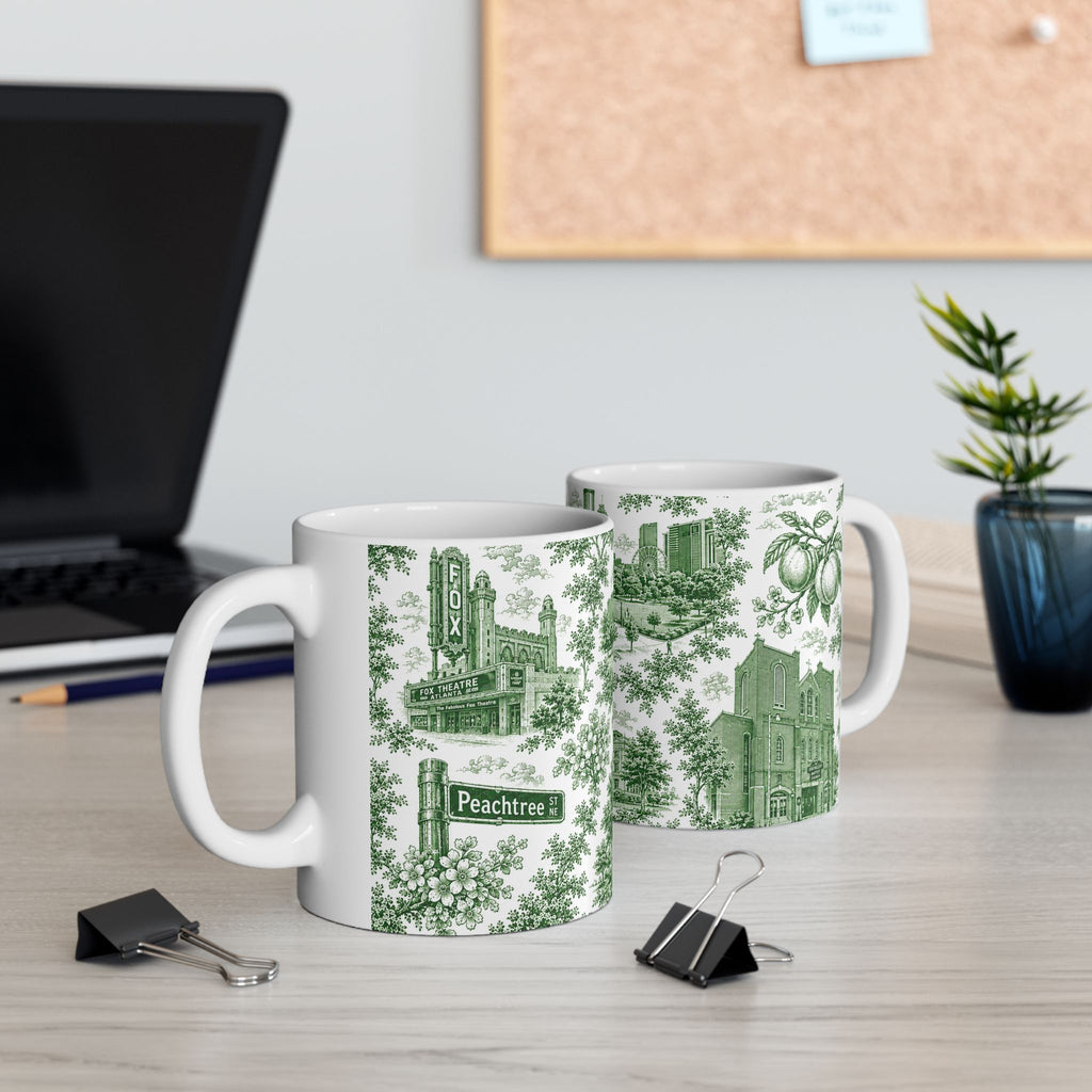 Atlanta Green Toile de Jouy Ceramic Mug — Atlanta, Georgia Skyline & Capitol Illustration (11oz)