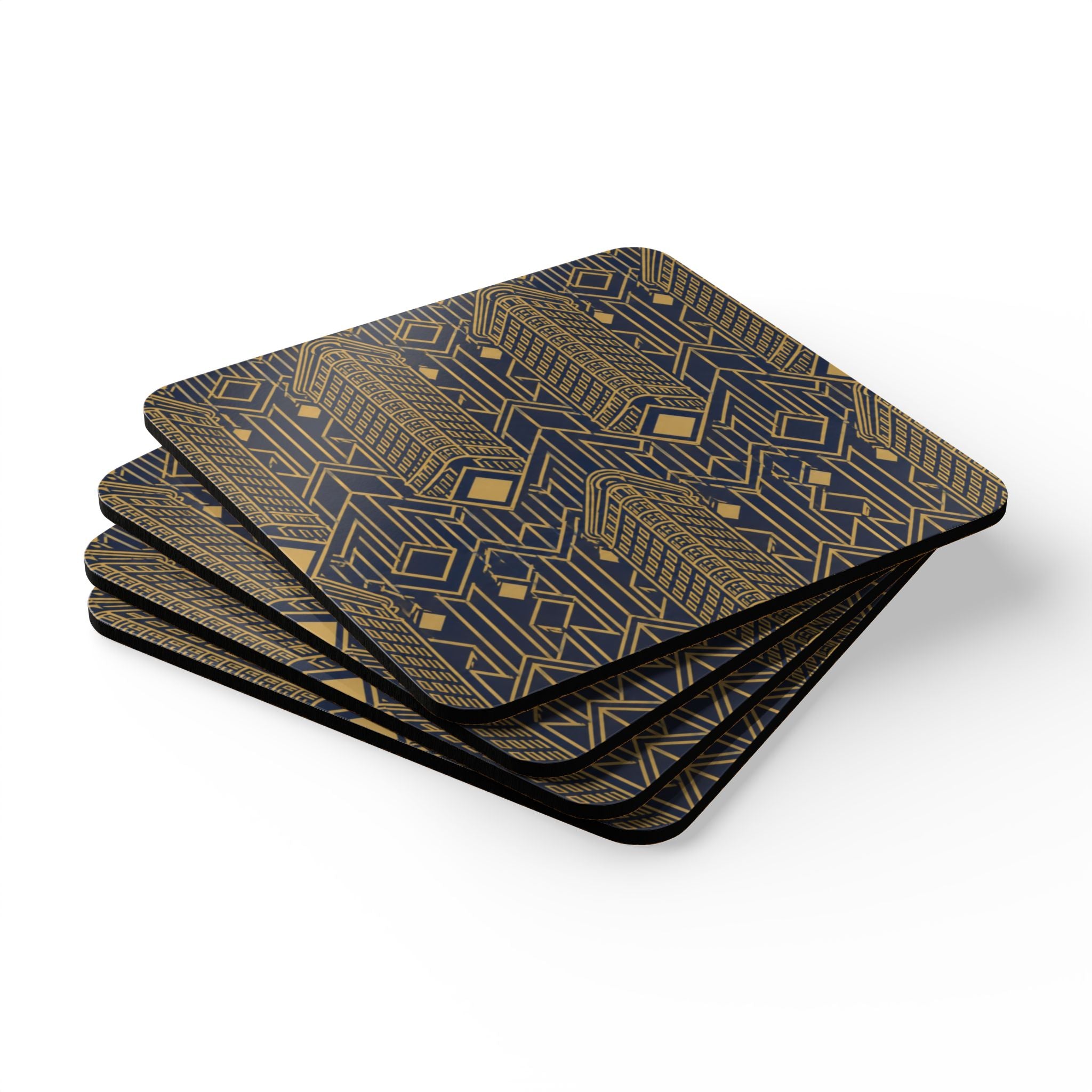 Art Deco Flatiron Building Gold & Navy Cork Coaster Set — Geometric Vintage Cocktail Coasters Set of 4