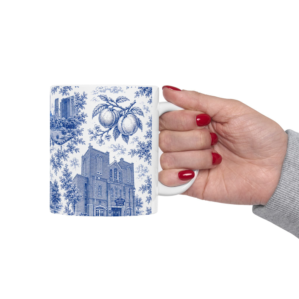 Atlanta Blue Toile de Jouy Ceramic Mug — Atlanta, Georgia Skyline & Capitol Illustration (11oz)