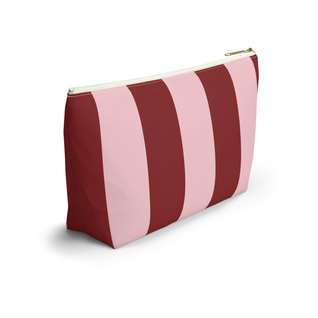 Customizable Striped Accessory Pouch — Pink & Red T-Bottom Makeup Bag
