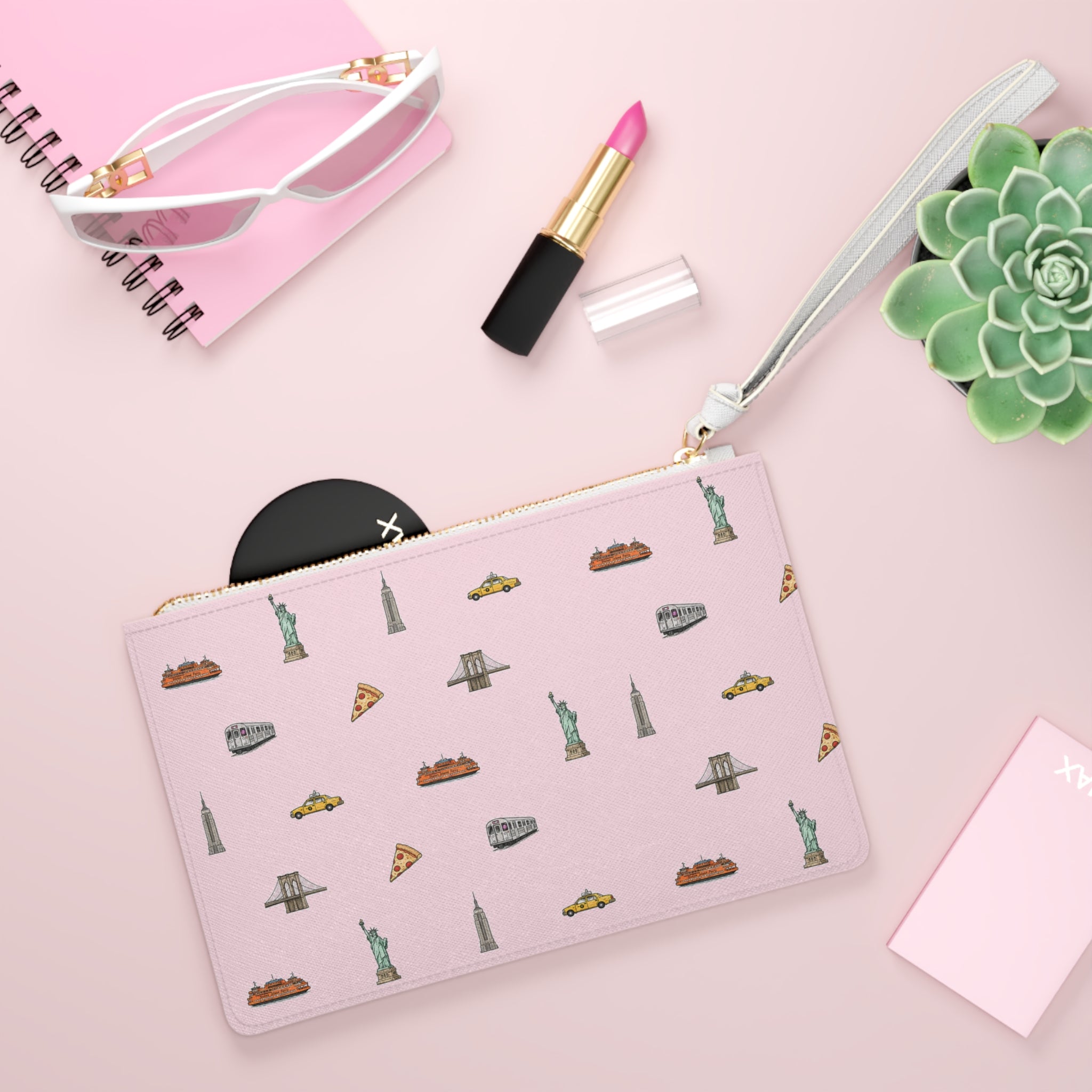 Icons of New York City Pink Make-up Bag — Statue of Liberty, Taxi & Pizza Pattern