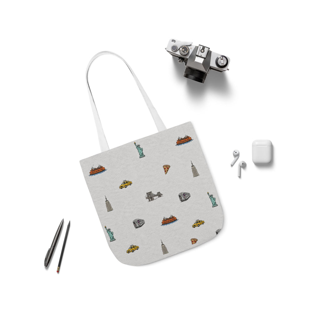Icons of New York Heather Gray Canvas Tote — Statue of Liberty, Pizza & Taxi Pattern