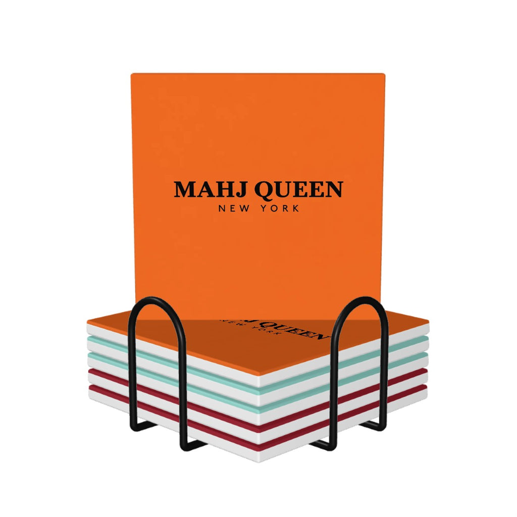 Mahj Queen 6 piece Square Coaster Set -- Orange, Robin's Egg Blue, Maroon Coasters