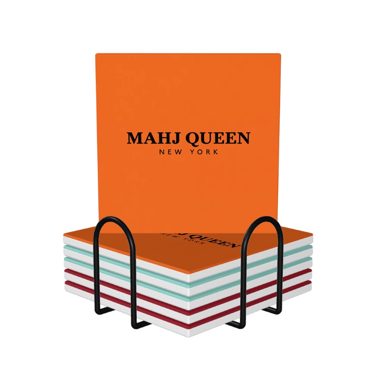 Mahj Queen 6 piece Square Coaster Set -- Orange, Robin's Egg Blue, Maroon Coasters