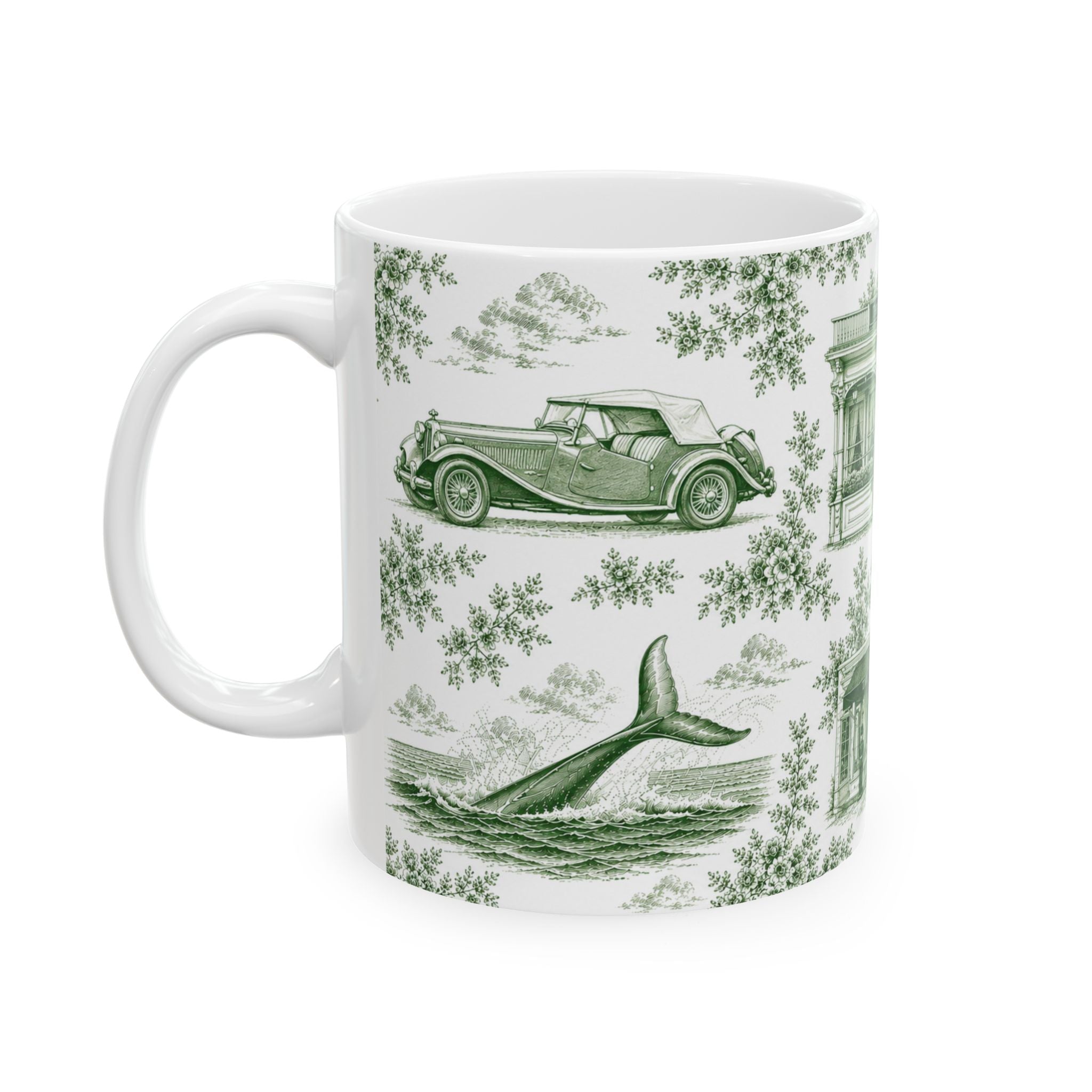 Sag Harbor Green Toile de Jouy Mug | Hamptons Chinoiserie Ceramic Coffee Cup