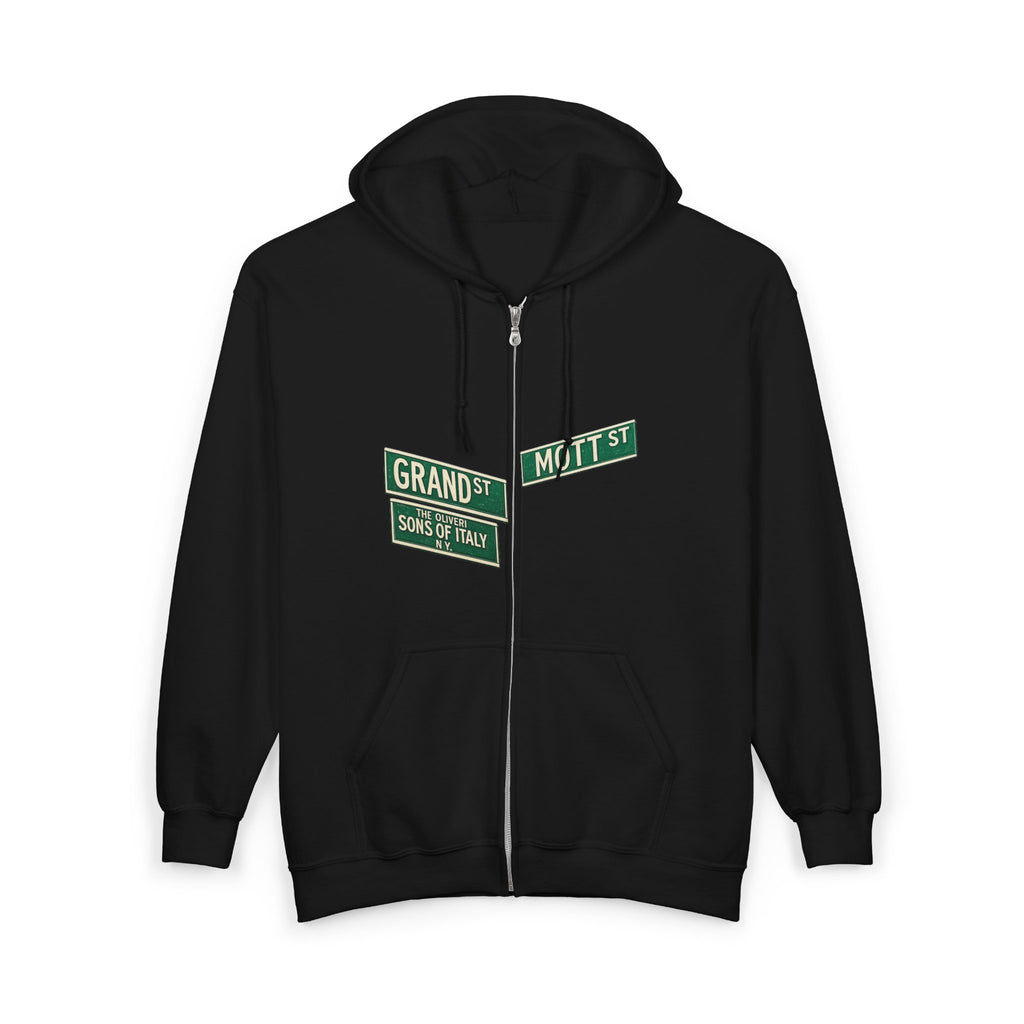 Little Italy Street Sign Zip up Hoodie | New York City Grand and Mott Sons of Italy Hooded Sweatshirt