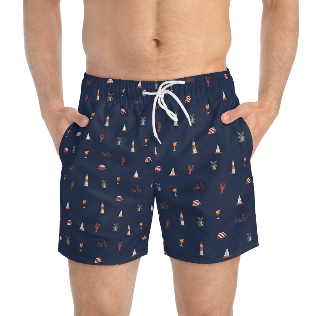 Icons of the Hamptons Swim Trunks — Men's Navy All-Over Coastal Pattern