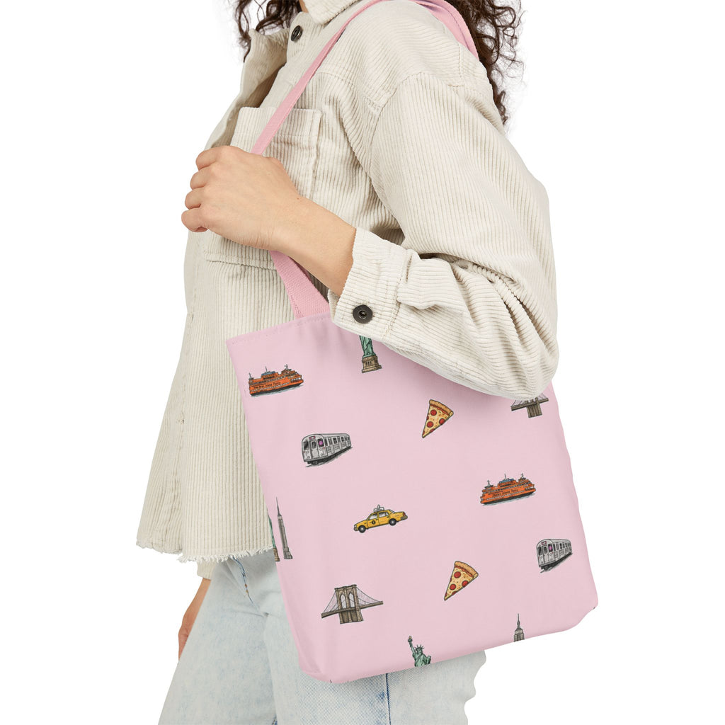 Icons of New York City Pink Canvas Tote — Statue of Liberty, Pizza & Taxi Pattern