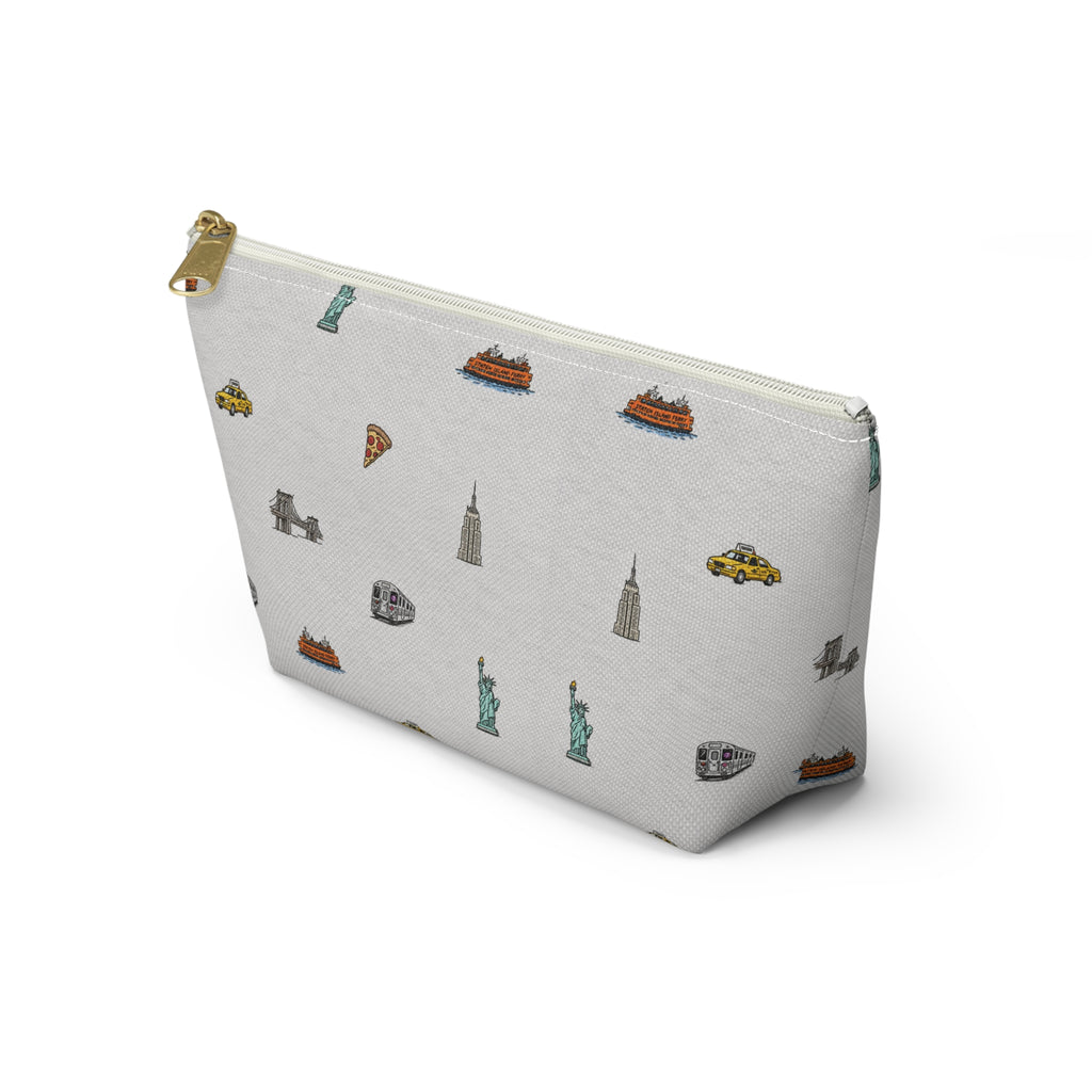 Icons of New York City Heather Gray Accessory Pouch — T-Bottom Makeup Bag with Statue of Liberty, Taxi & Pizza Pattern