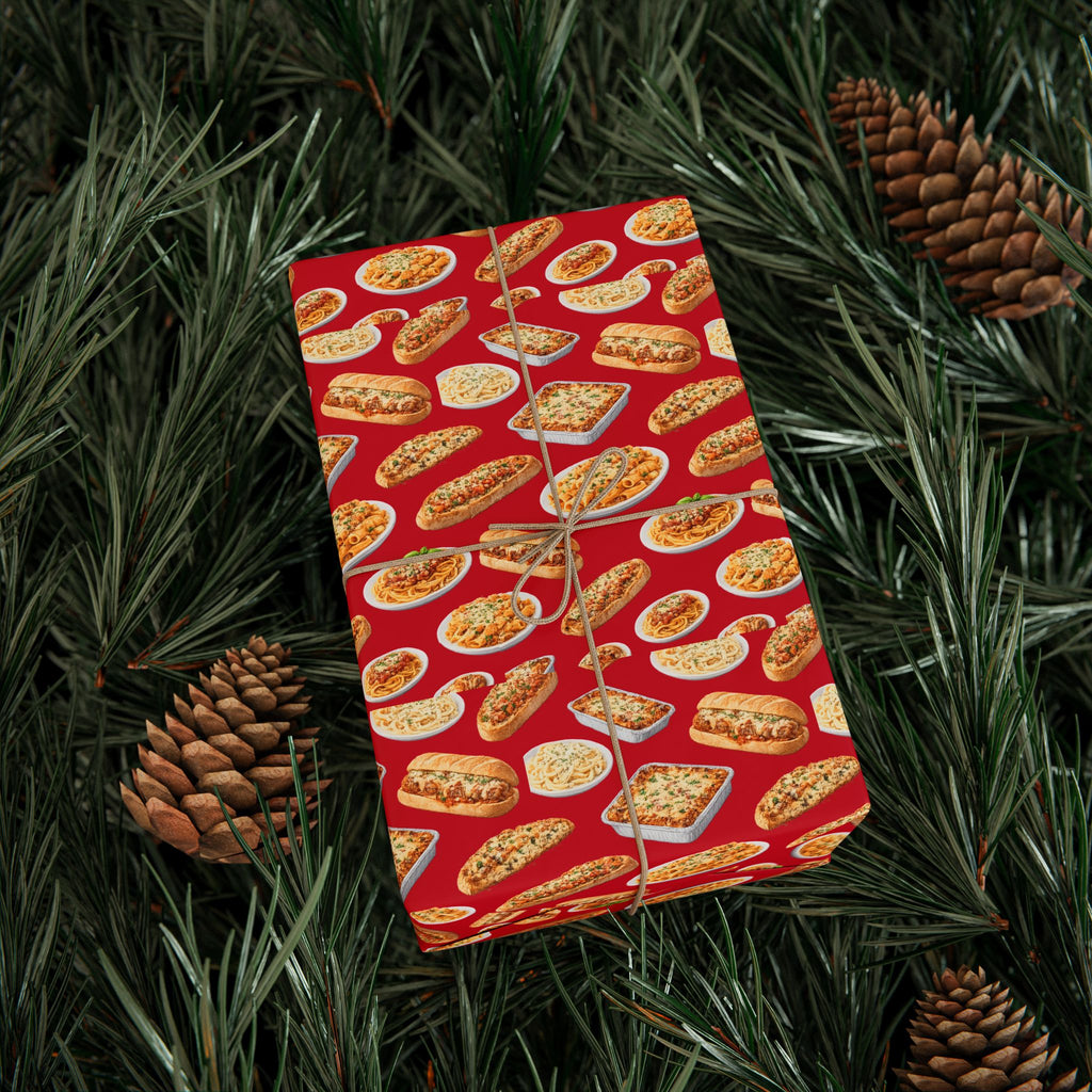 Italian Food Pattern Red Gift Wrap Paper | Pasta Spaghetti Rigatoni Meatball Sub Wrapping Paper Roll, Foodie Party Wrap