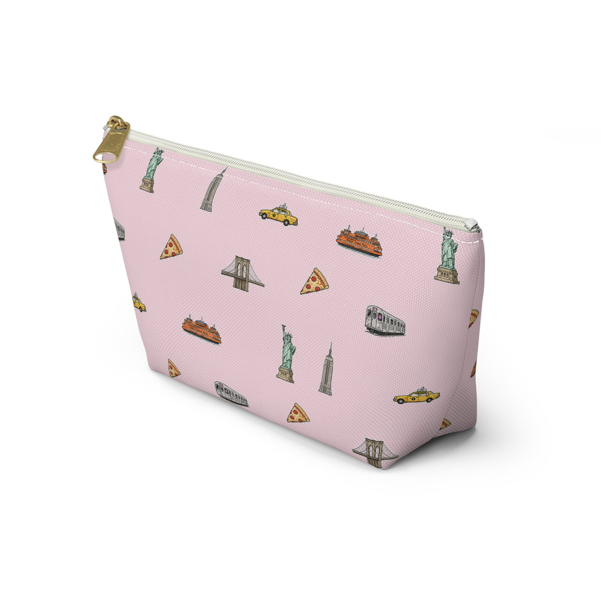 Icons of New York City Pink  Accessory Pouch — T-Bottom Makeup Bag with Statue of Liberty, Taxi & Pizza Pattern