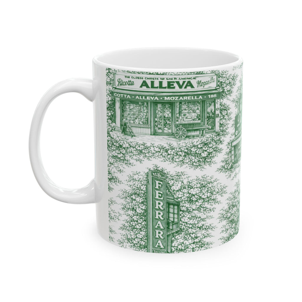 Little Italy Green Toile Cityscape Mug | NYC Chinoiserie Ceramic Coffee Cup