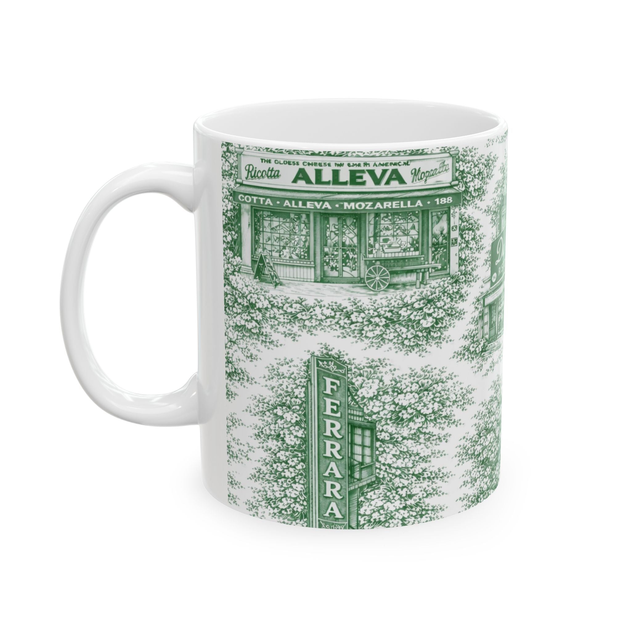 Little Italy Green Toile Cityscape Mug | NYC Chinoiserie Ceramic Coffee Cup