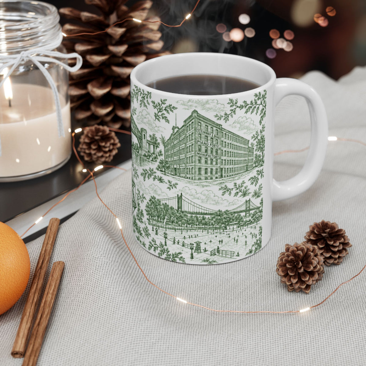 Astoria Green Toile Cityscape Ceramic Mug — 11oz Decorative Coffee Cup