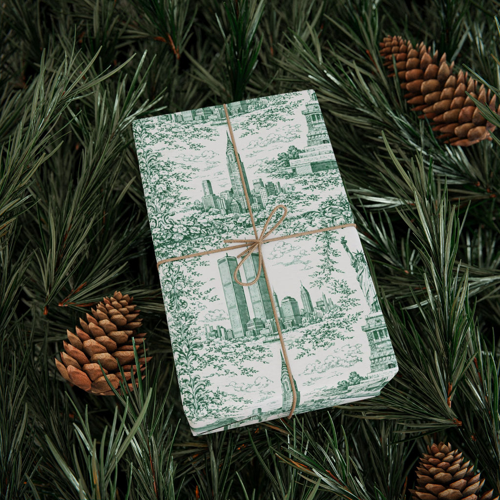Manhattan NYC Green Toile Gift Wrapping Papers   Chinoiserie Old New York City Gift Wrap Empire State Building Twin Towers Statue of Liberty
