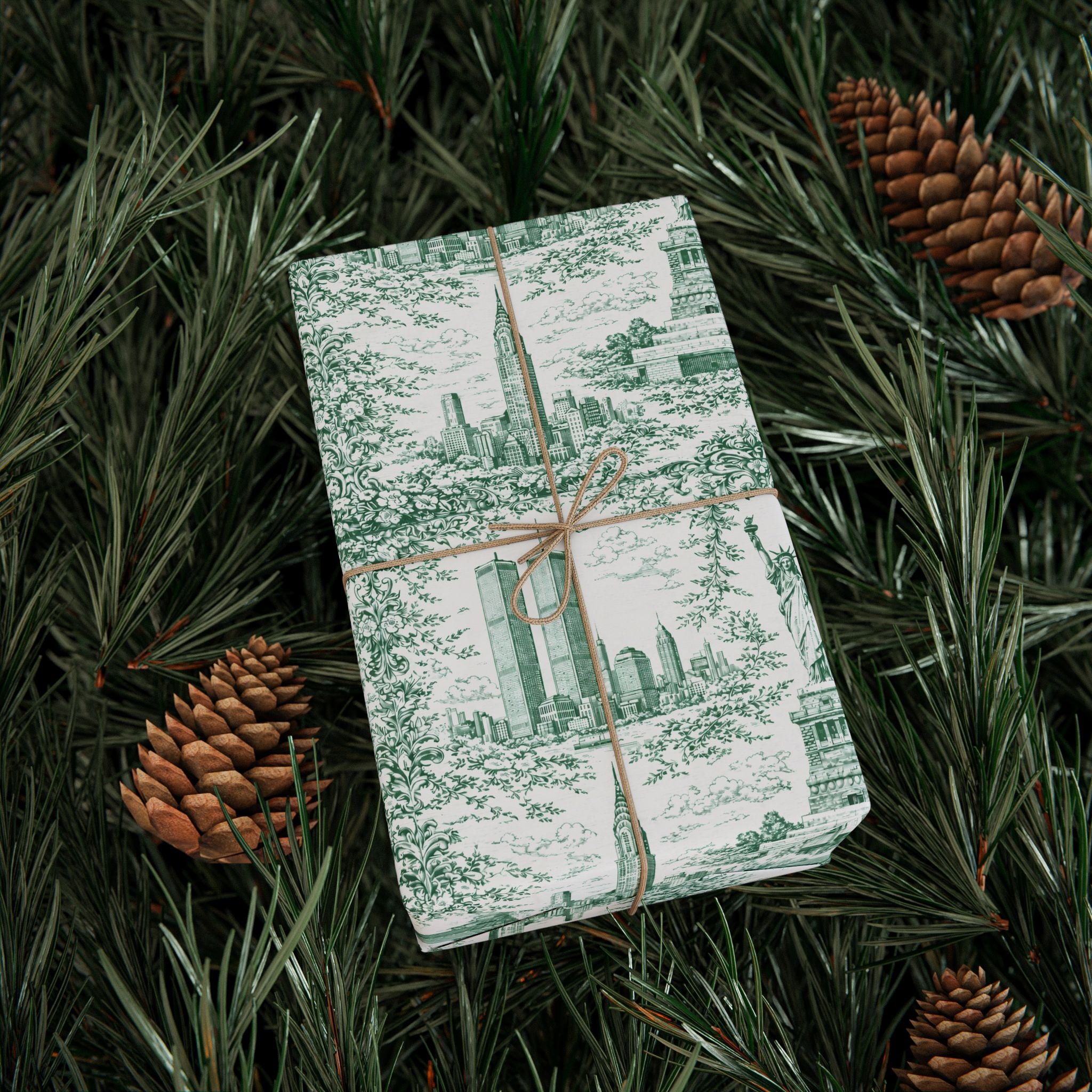 Manhattan NYC Green Toile Gift Wrapping Papers   Chinoiserie Old New York City Gift Wrap Empire State Building Twin Towers Statue of Liberty