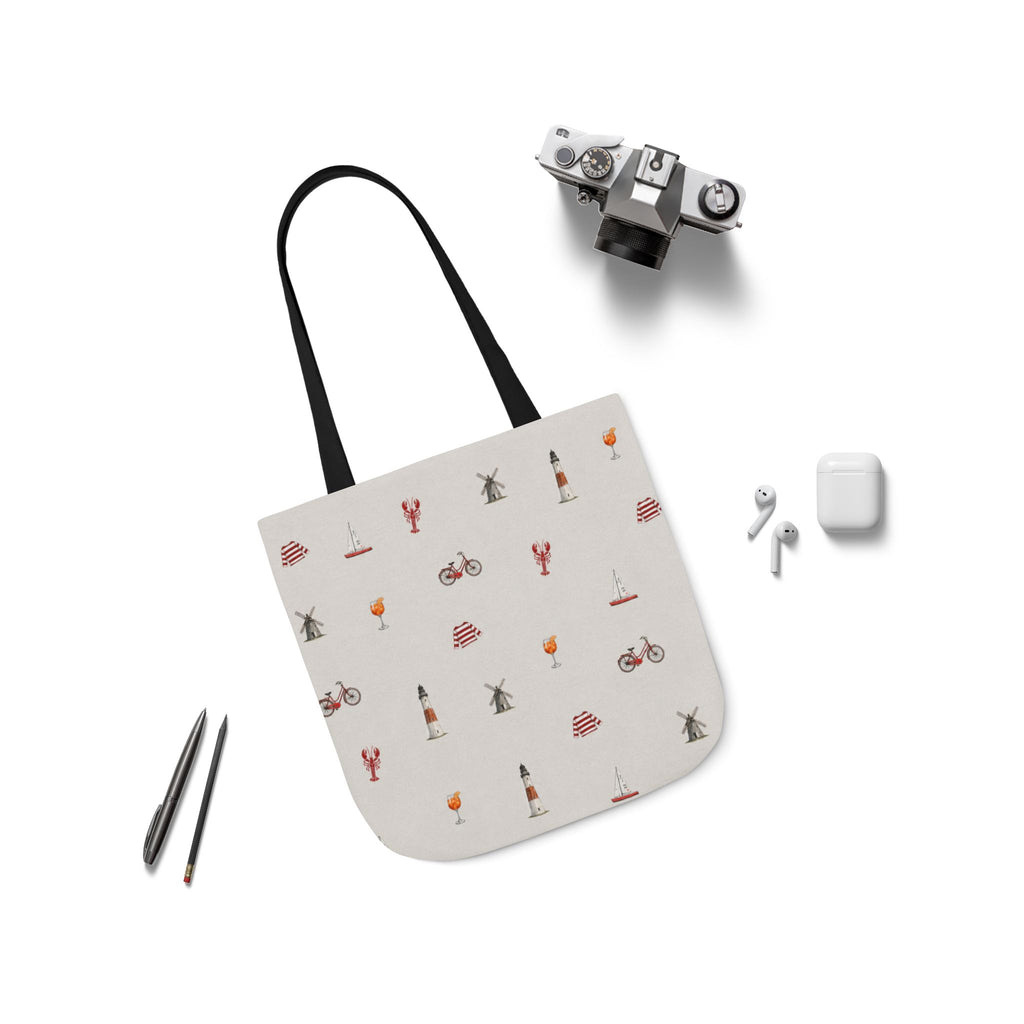 Icons of the Hamptons Heather Gray Canvas Tote — Lighthouse, Windmill, Lobster, Sailboat Icons
