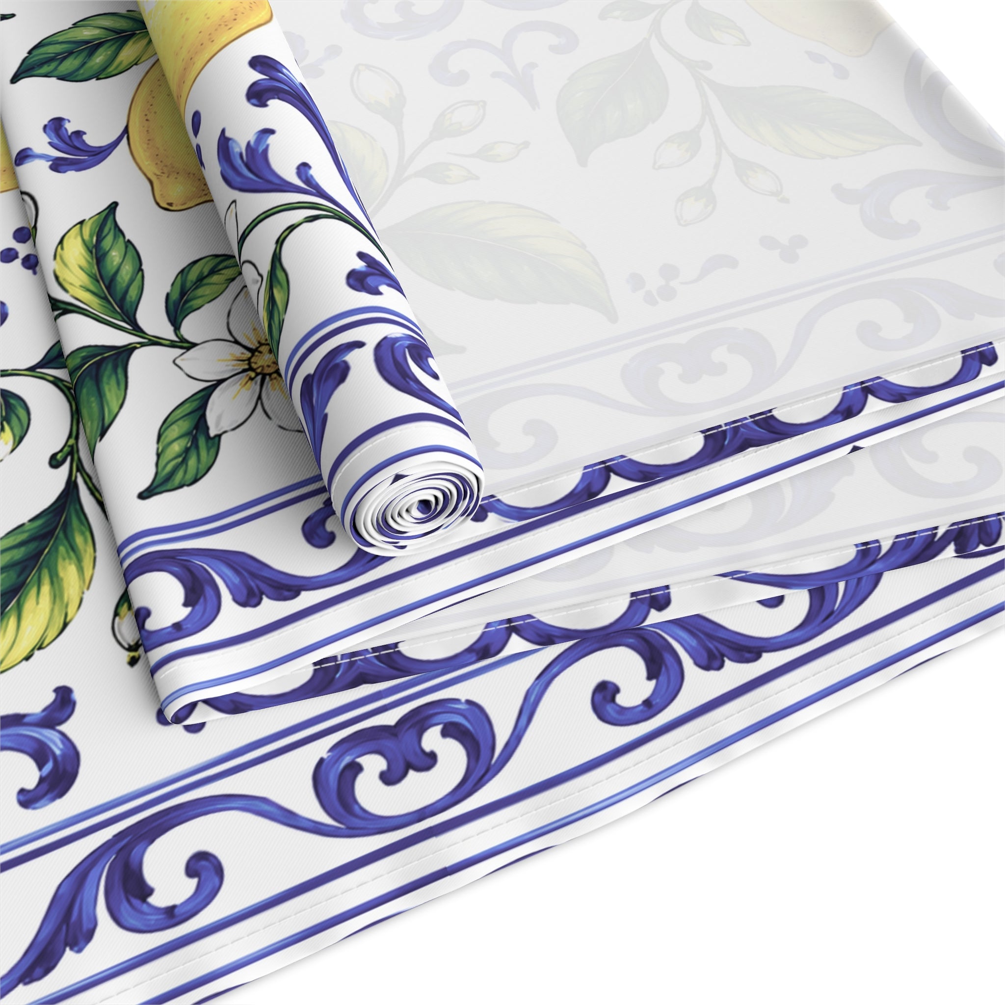 Little Italy Amalfi Blue and White with Lemon Table Runner – Mediterranean Blue & Yellow Dining Decor