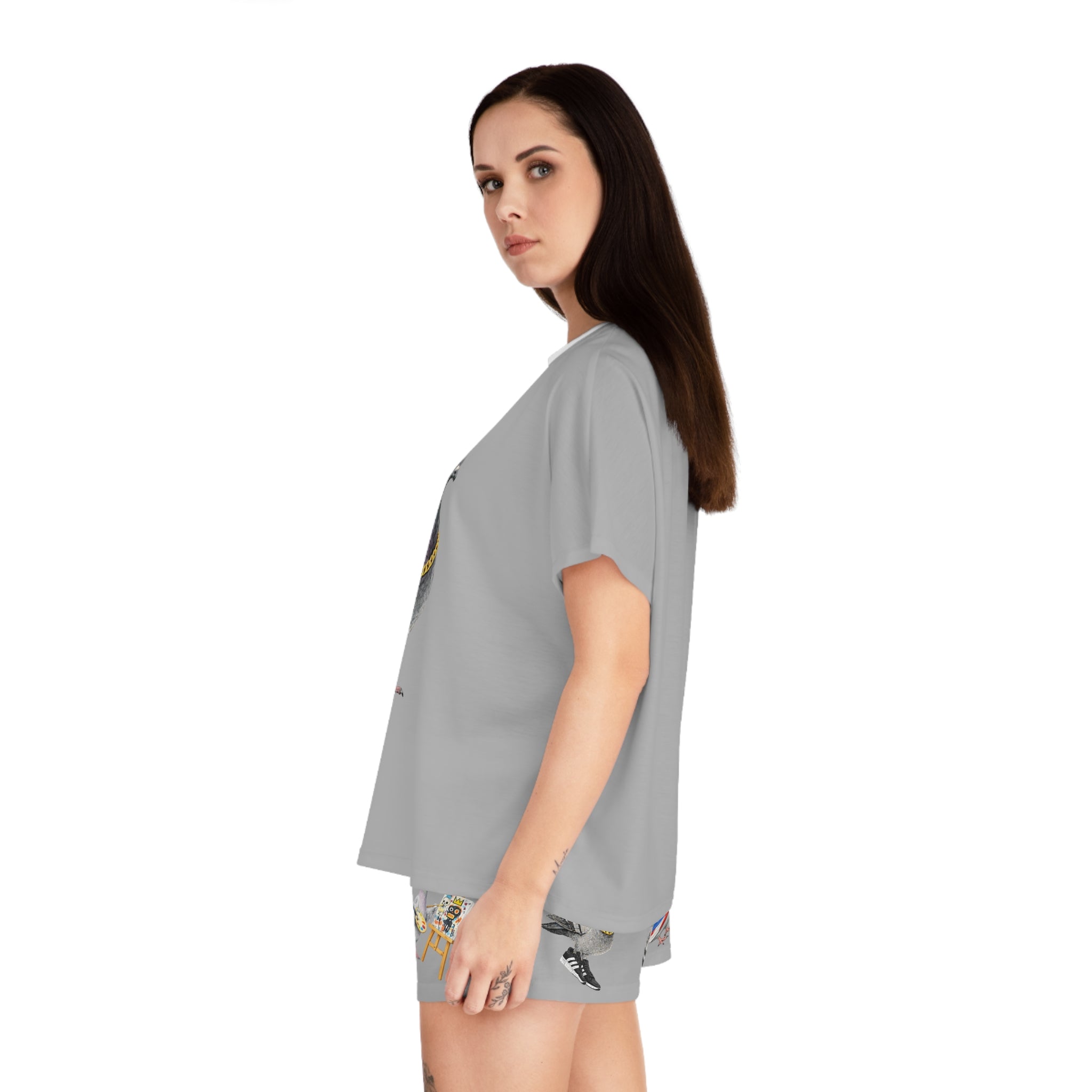 Gray NYC Pigeons Pattern Short Pajama Set | New York City Bird Lovers PJs Cozy Sleepwear